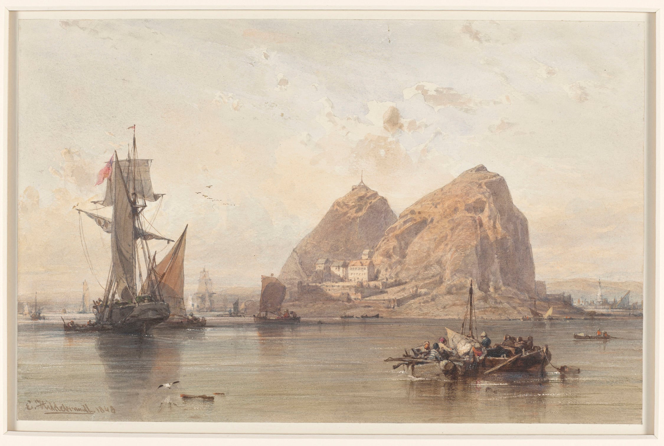 A watercolour view of Dumbarton Castle in west Scotland; set on a crag, the castle is seen from Bishopton, and there are fishing boats and other craft in the foreground. Signed and dated bottom left: E Hildebrandt 1848. 
In August 1847 Queen Victoria, Pri