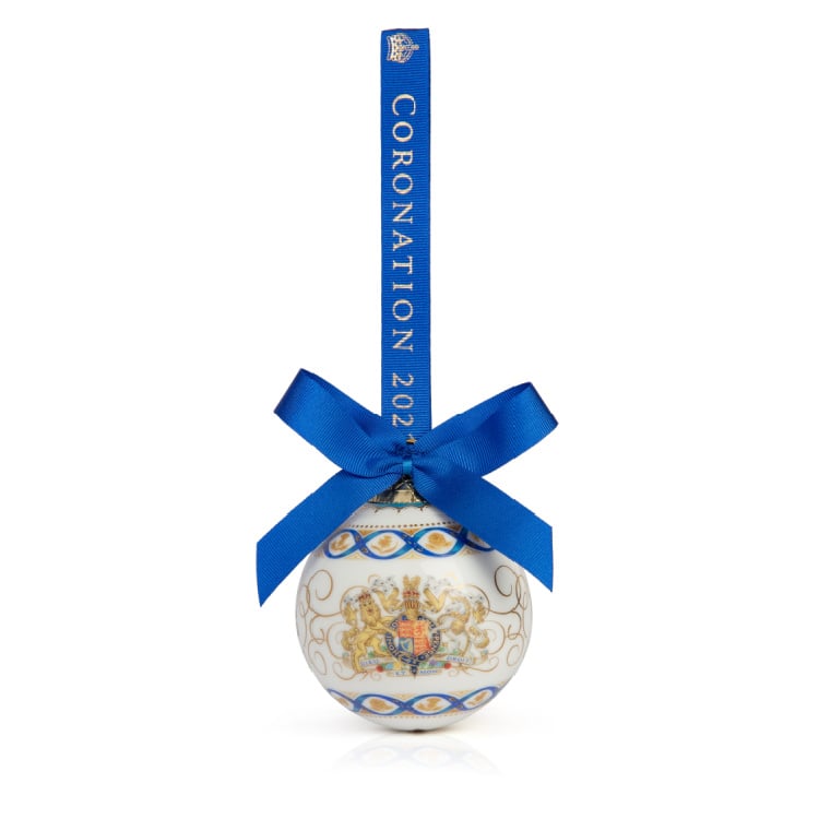 Image of a Coronation Fine Bone China Bauble with blue and gold decoration on a white bauble