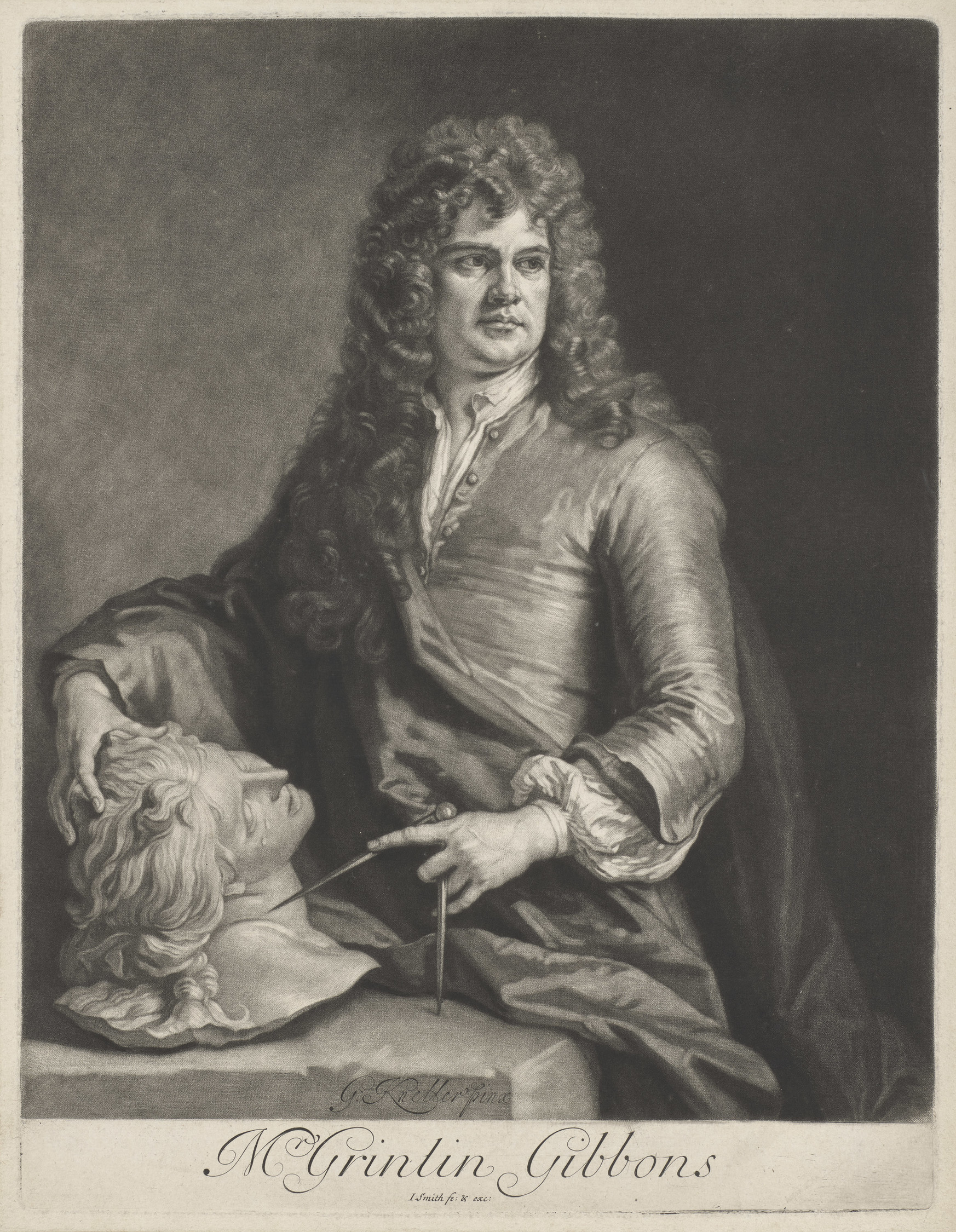 A mezzotint portrait of the sculptor Grinling Gibbons after a portrait by Sir Godfrey Kneller.&nbsp;Gibbons is shown three-quarter length with his face turned to the right. He wears a long curled wig, an open-necked coat and a mantle over his right should