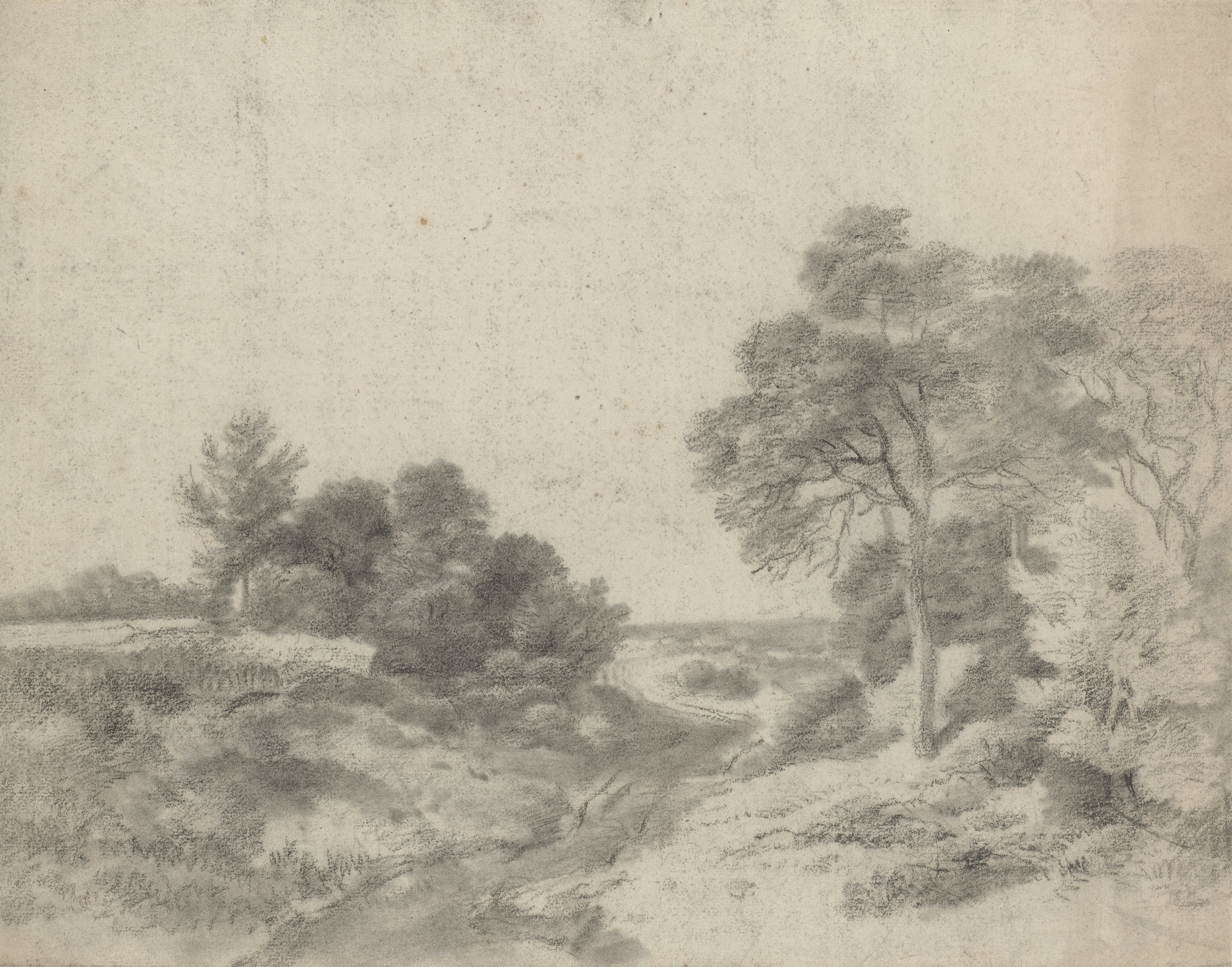A&nbsp;drawing in black&nbsp;chalk and stump&nbsp;showing trees and a path winding into the distance. On the verso, a drawing of trees, softened with stump. This drawing bears strong similarities to other landscape drawings by Gainsborough from the 1740s