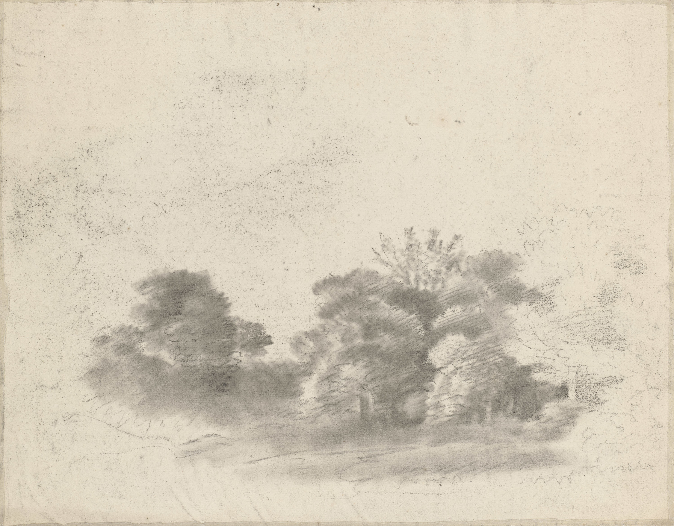 A&nbsp;drawing in black&nbsp;chalk and stump&nbsp;showing trees and a path winding into the distance. On the verso, a drawing of trees, softened with stump. 
This drawing bears strong similarities to other landscape drawings by Gainsborough from the 1740s