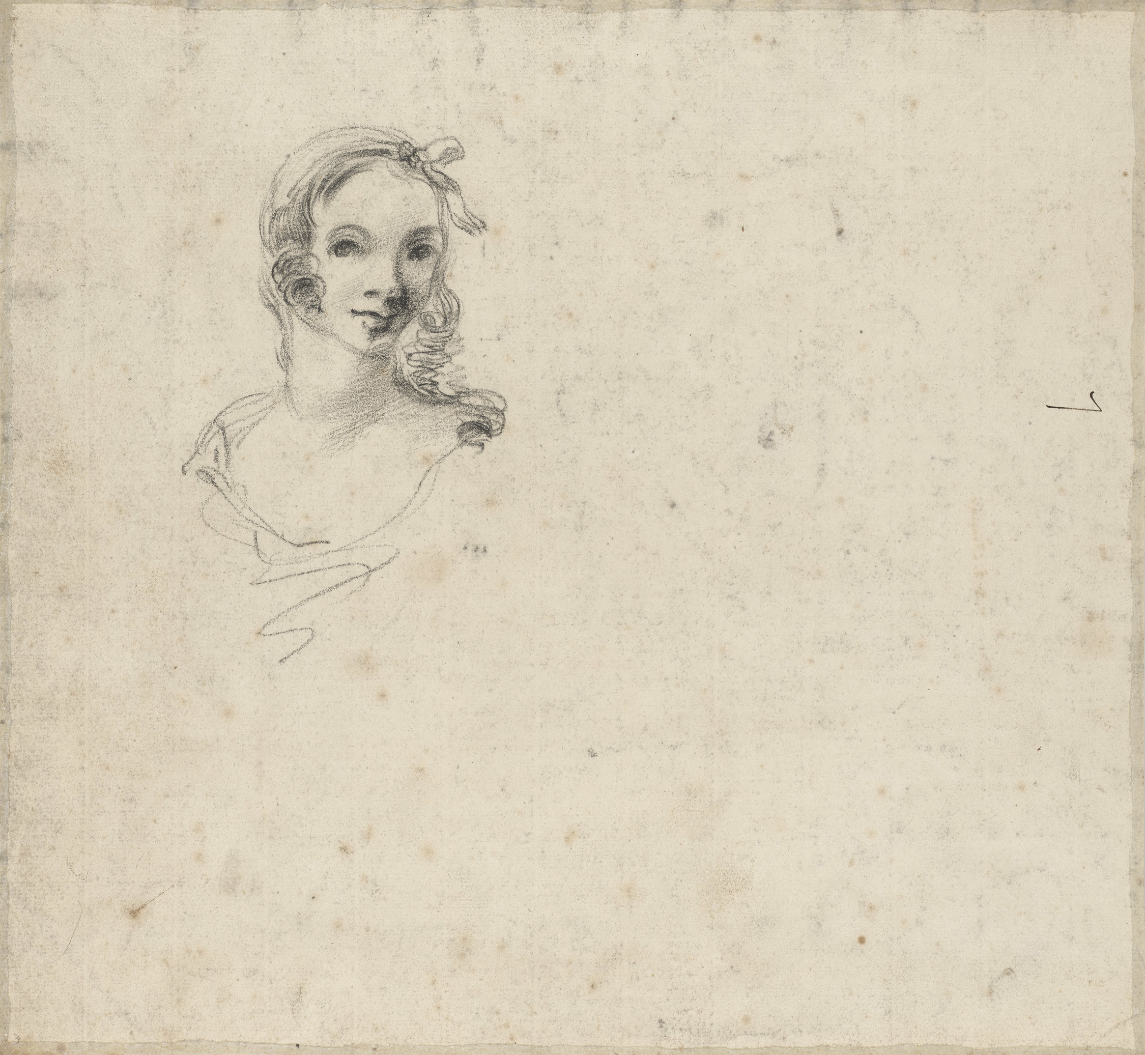 A black chalk drawing of a landscape with trees, burdock plants and a&nbsp;pond in the middle ground. On the verso, a black chalk portrait drawing of the head of a young girl, and the figure '7' in ink.&nbsp;It is tempting to think that the figure study c