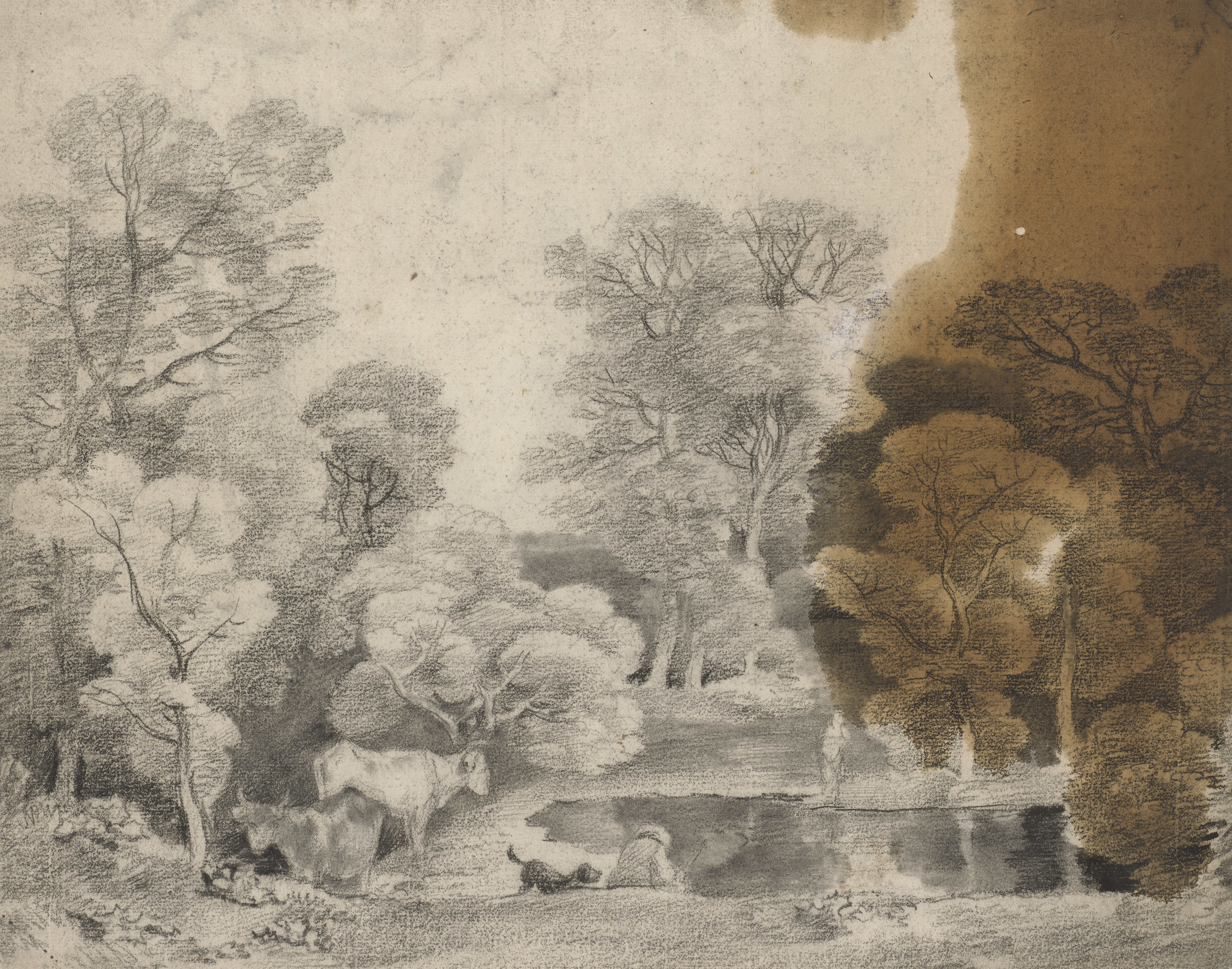 A drawing in black chalk and stump&nbsp;showing trees and a lake, with cows at the water's edge, and a man and his dog.&nbsp;Large oil stain&nbsp;to right. On the verso, another landscape study.
This drawing is one of 25 landscape drawings in the Royal Co