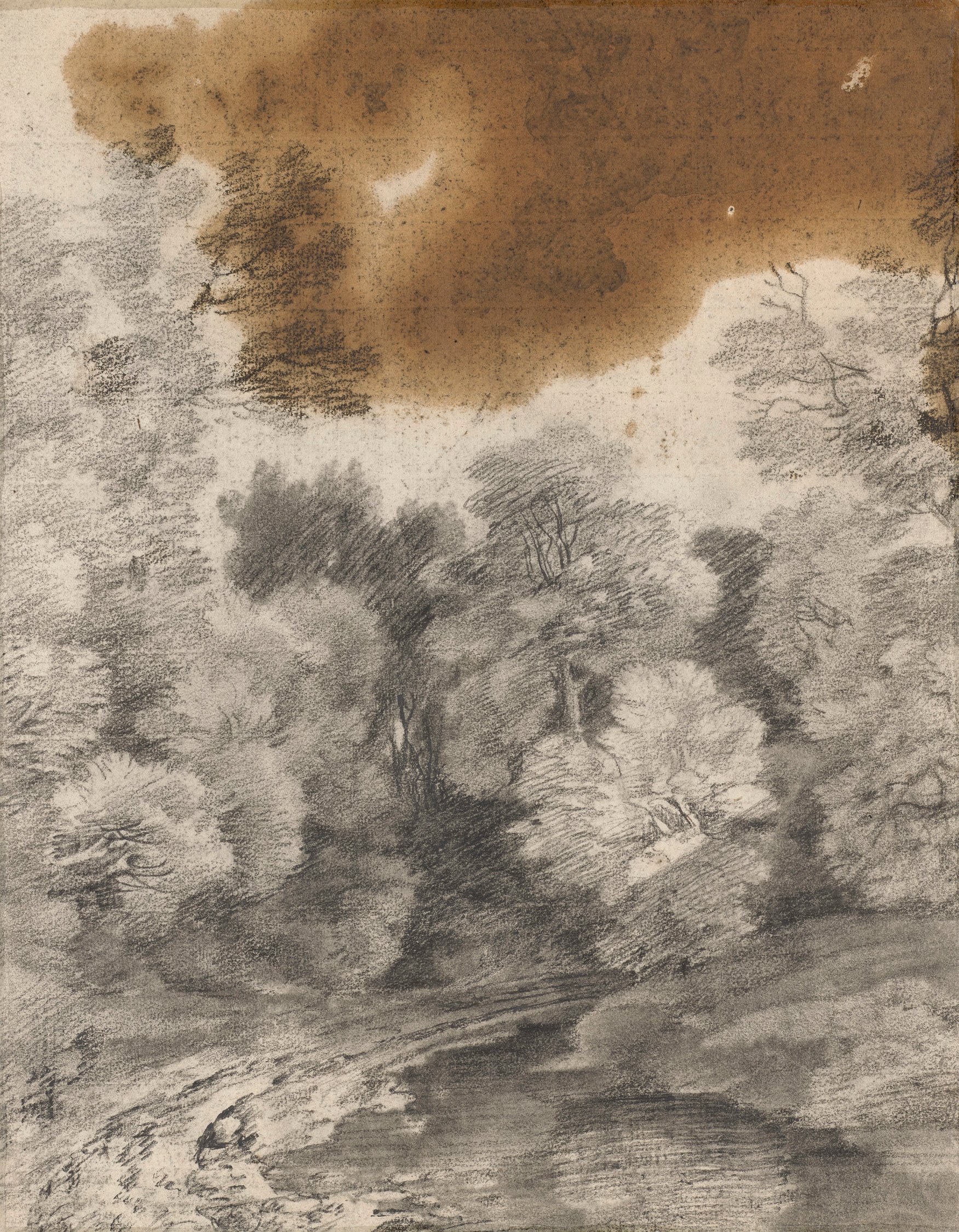 A drawing in black chalk and stump&nbsp;showing trees and a lake, with cows at the water's edge, and a man and his dog.&nbsp;Large oil stain&nbsp;to right. On the verso, another landscape study.This drawing is one of 25 landscape drawings in the Royal Co