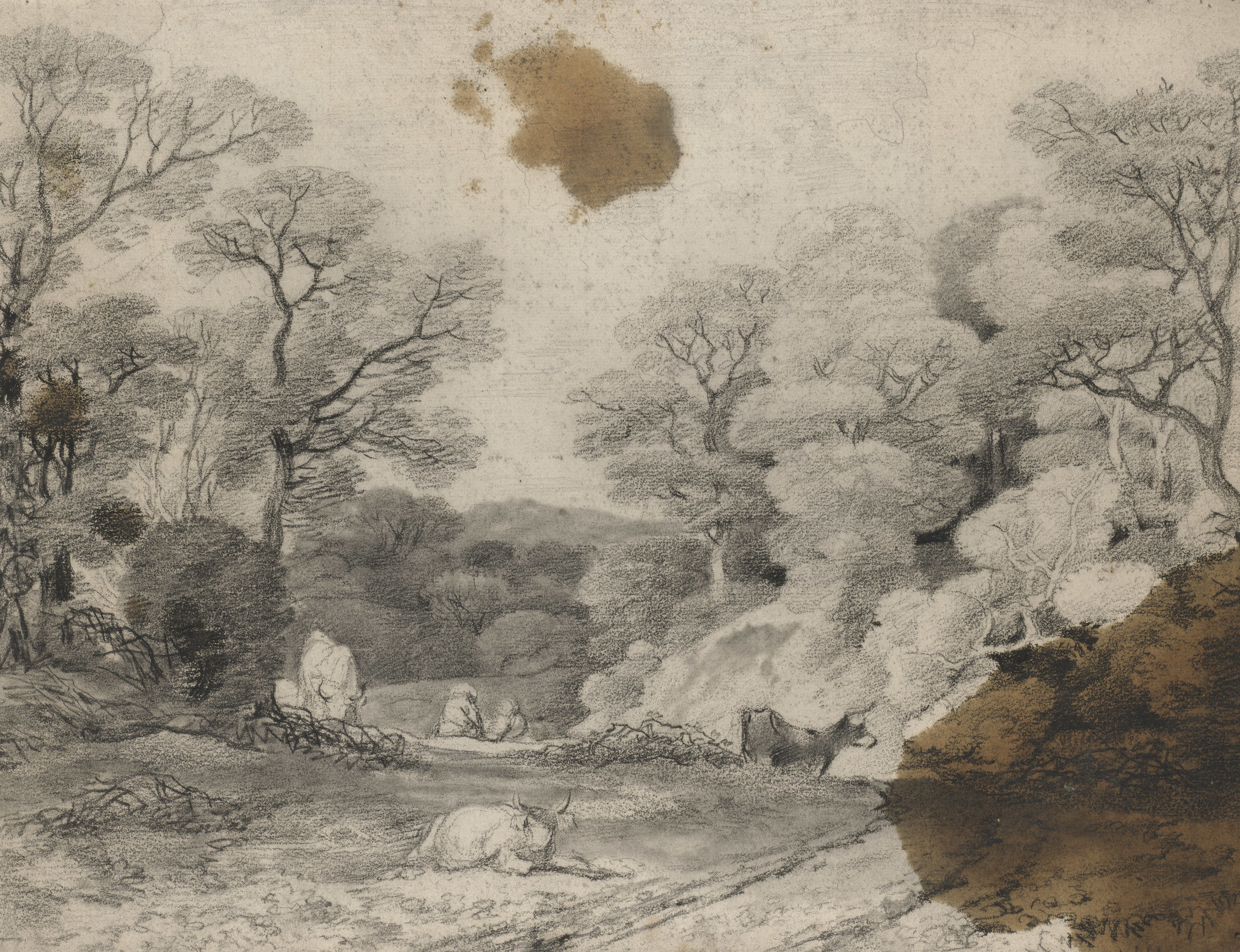 A&nbsp;drawing in black chalk and stump&nbsp;of trees and a path, with cows and two figures resting. Oil stains at top and lower right. On the verso, another landscape study in black chalk with trees.This drawing is one of 25 landscape drawings in the Ro