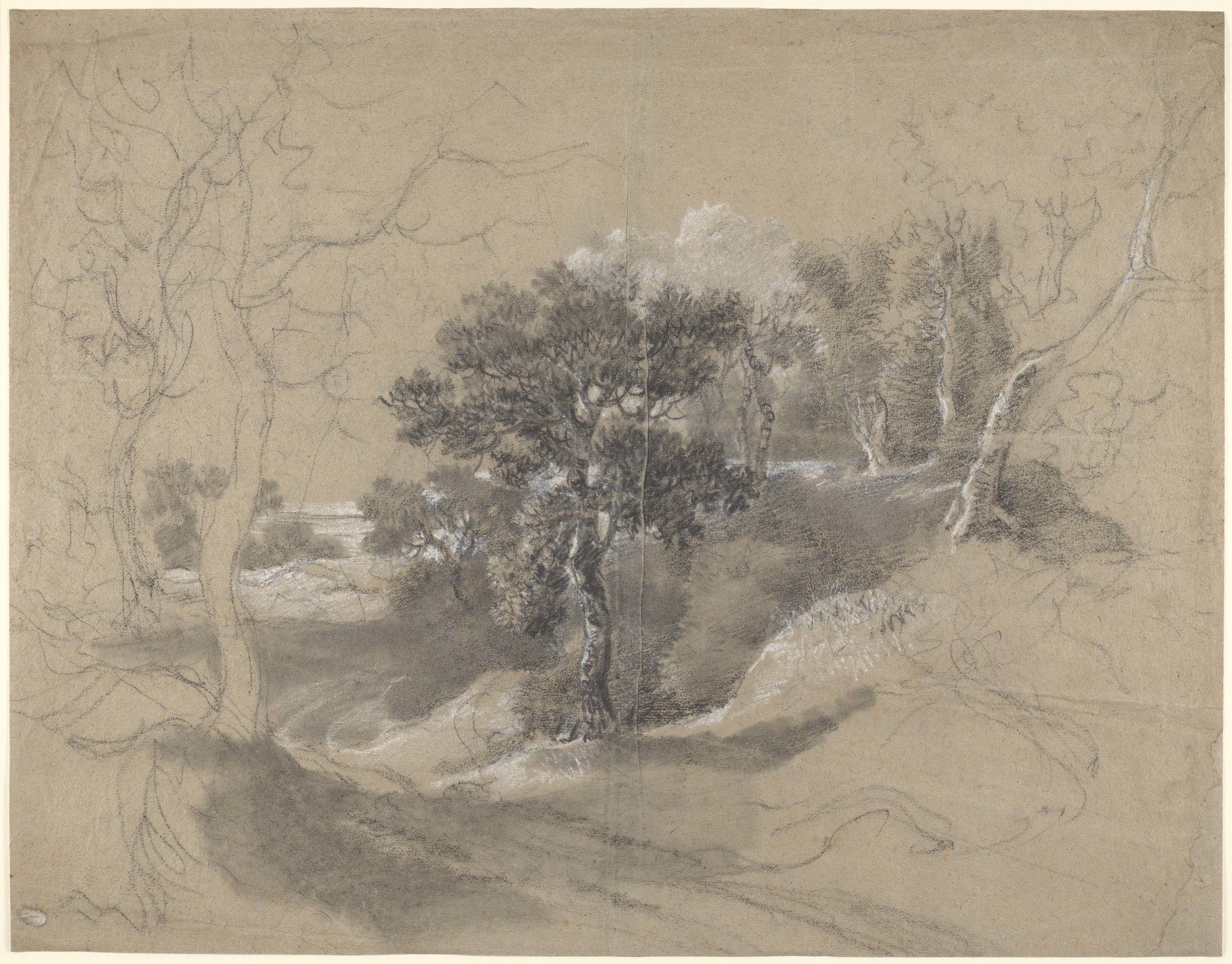 A drawing in black and white chalk and stump of a path with trees and view to the distance, the central part of the drawing worked up. Drying fold at centre of sheet. 
This drawing is one of 25 landscape drawings in the Royal Collection that were firmly a