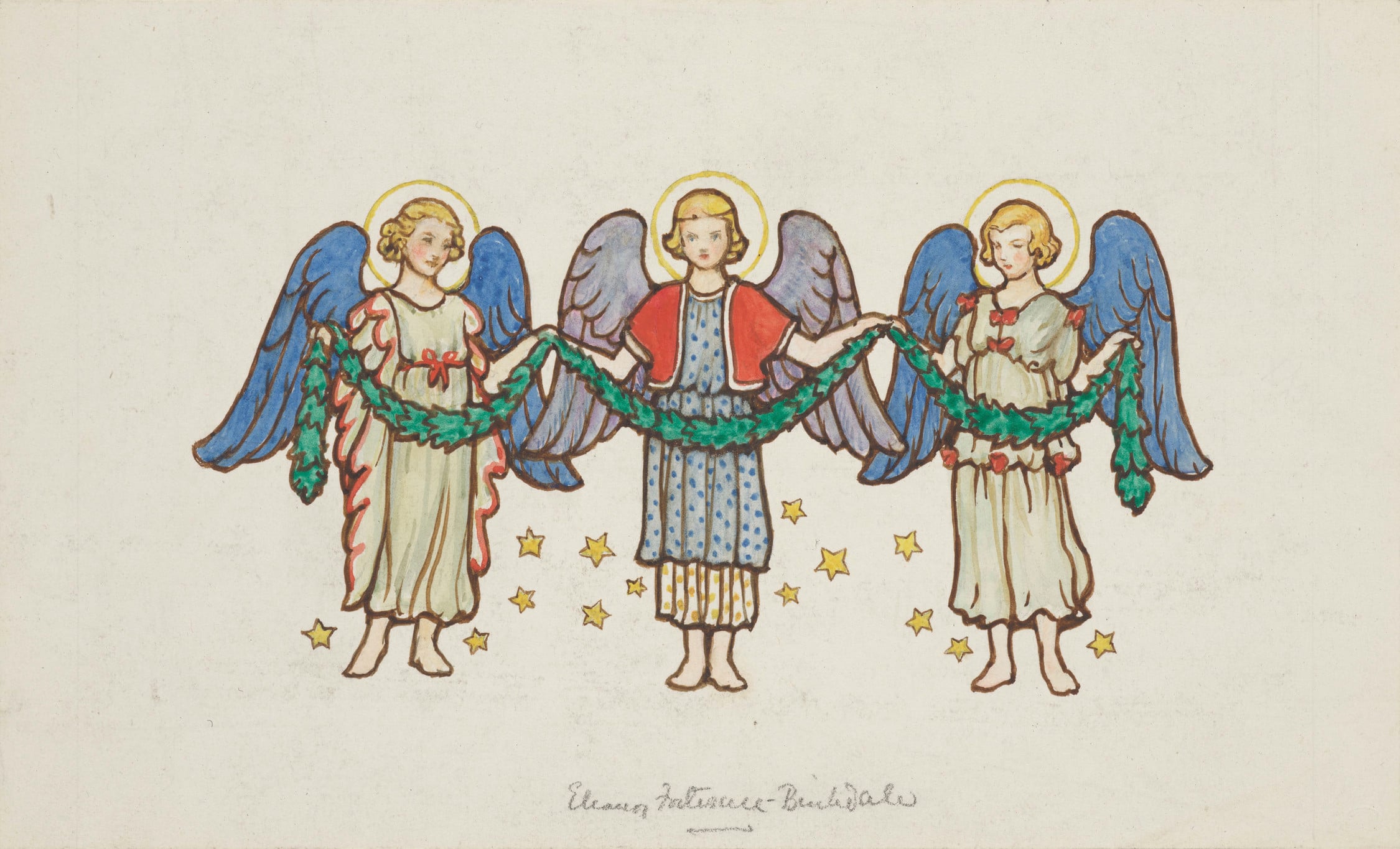 A watercolour depicting&nbsp;three angels carrying a garland with stars around their feet. Signed in pencil by the artist along the bottom. 
This watercolour was identified by&nbsp;Professor Pamela Gerrish Nunn as the design for an illustration in a volum