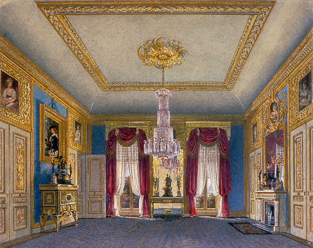 The Ante-Room, looking south, Carlton House. Bright blue distemper on walls, red curtains framing 2 windows. Fireplace and mirror with candelbras to right. Chest with ornaments to left. Louis XVI ebony table in between windows, with statuettes.
The paintings in the room can be identified from contem
