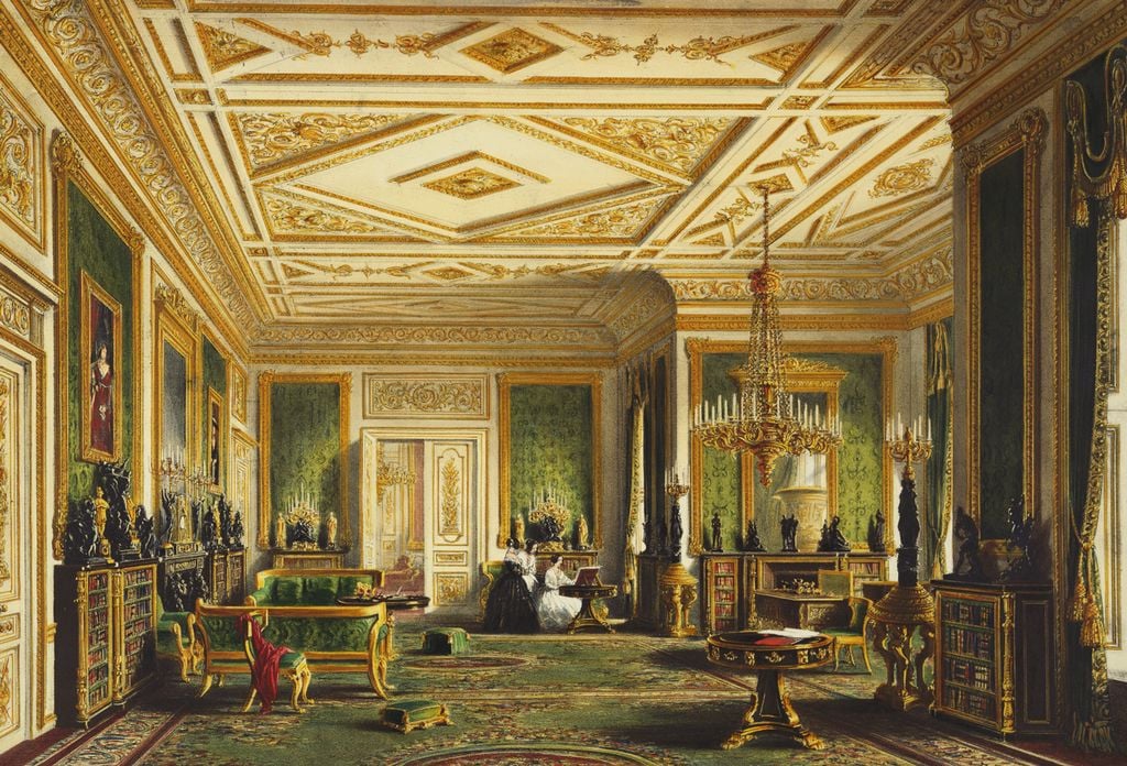 A lithograph after a watercolour of a view&nbsp;within the&nbsp;Green Drawing Room, Windsor Castle; with three female figures gathered around a harpsichord or spinet at the far end of the room.
Nash appears to have first worked for Victoria and Albert in 