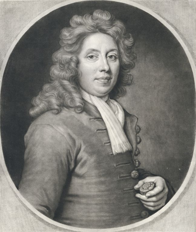 Thomas Tompion, watch-maker (1639-1713) O'D 1: Portrait, 1/2 length, 3/4 right, looking front, long wig, plain coat, cravat with fringed ends, watch in left hand at waist. Oval, 2nd State with letters.