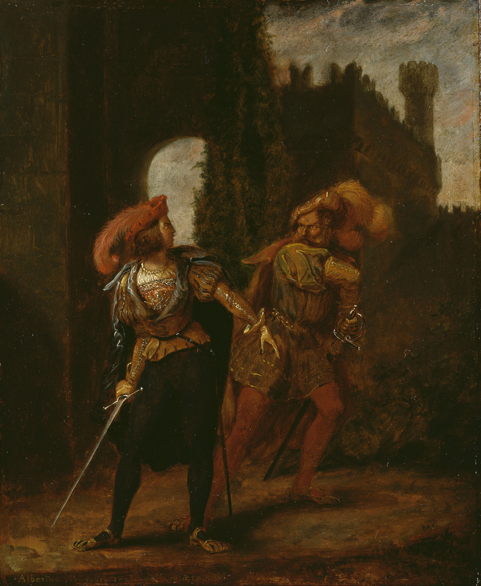 The scene is taken from William Shakespeare&rsquo;s play Romeo and Juliet, Act III, scene i.The picture is painted in oil over an impression of an etching by Prince Albert of Romeo and Tybalt which is dated 16 September 1840, but the architecture differs 