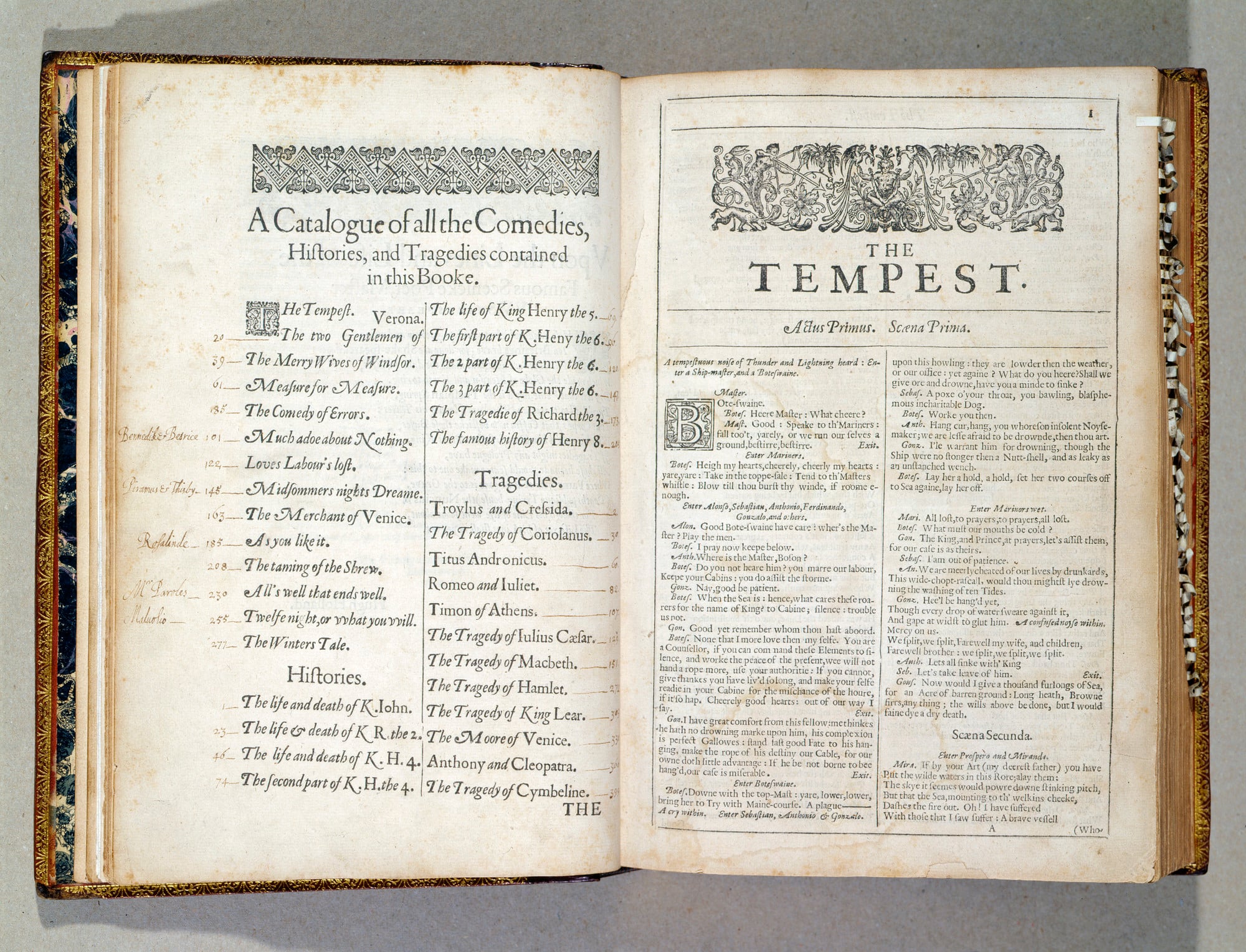 Comedies, histories and tragedies, published according to the true originall copies / William Shakespeare. Charles I's copy of Shakespeare's complete works.
Second Folio. Bound in red goatskin with gold tooling and crowned 'GR' monogram on inlaid green leather.
Around half of Shakespeare’s plays were published during his lifetime, deriving from