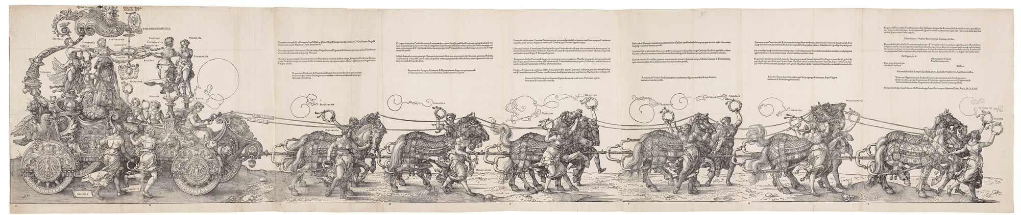 A woodcut showing the Emperor Maximilian in a triumphal chariot.
This large woodcut, over 2 metres in length, was originally planned as part of a huge printed frieze. The work, undertaken by a team of designers and woodblock cutters, was to show a triumph
