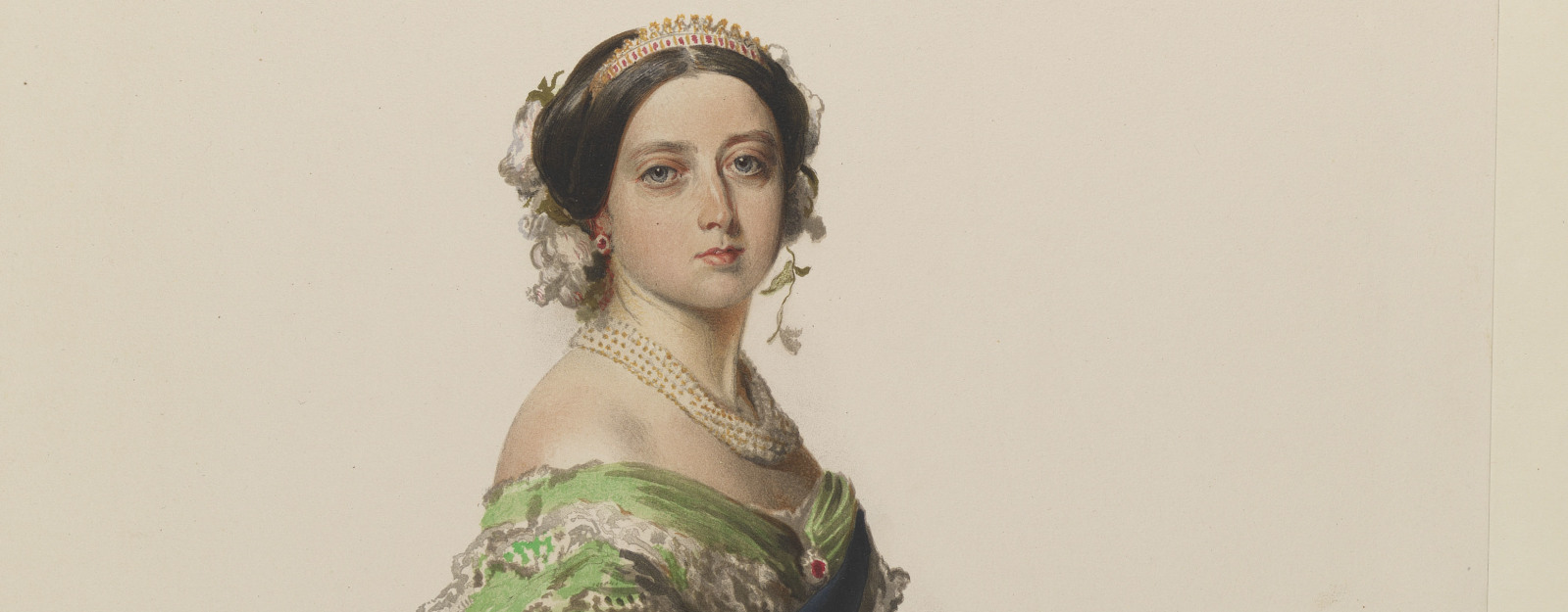 Watercolour of Queen Victoria in a green dress