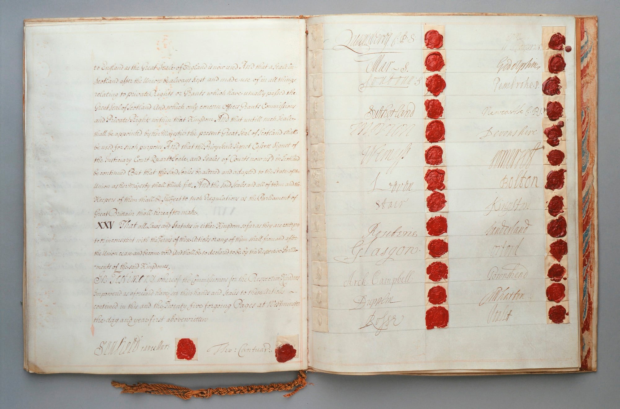 One of two known copies of the Articles of Union signed by the Scottish Parliament in January 1706, evidenced by the signatures and seals of the Scottish commissioners preceding those of the English. Another copy can be found in the National Records of Sc