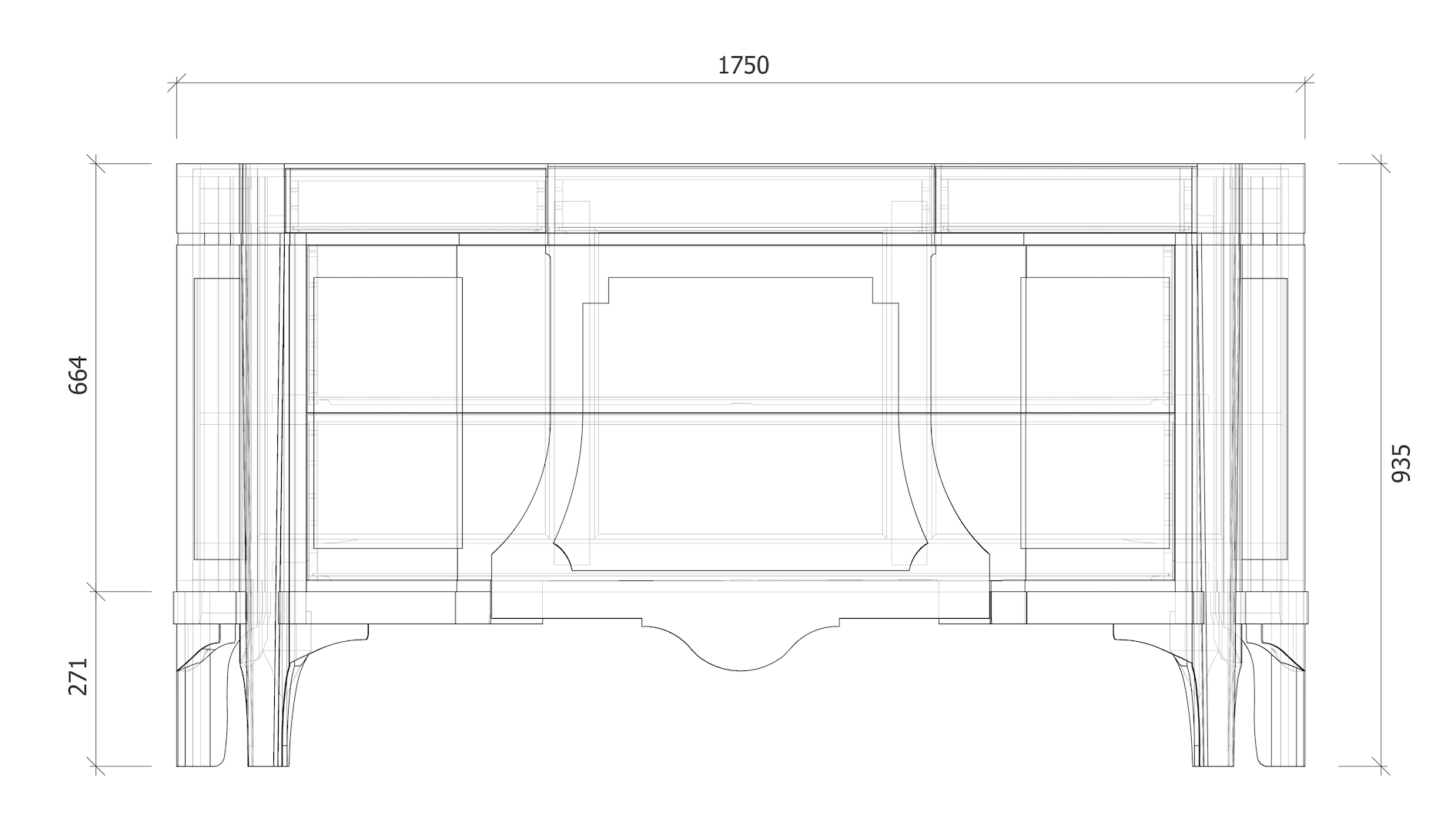 Isometric drawing of the front of desk