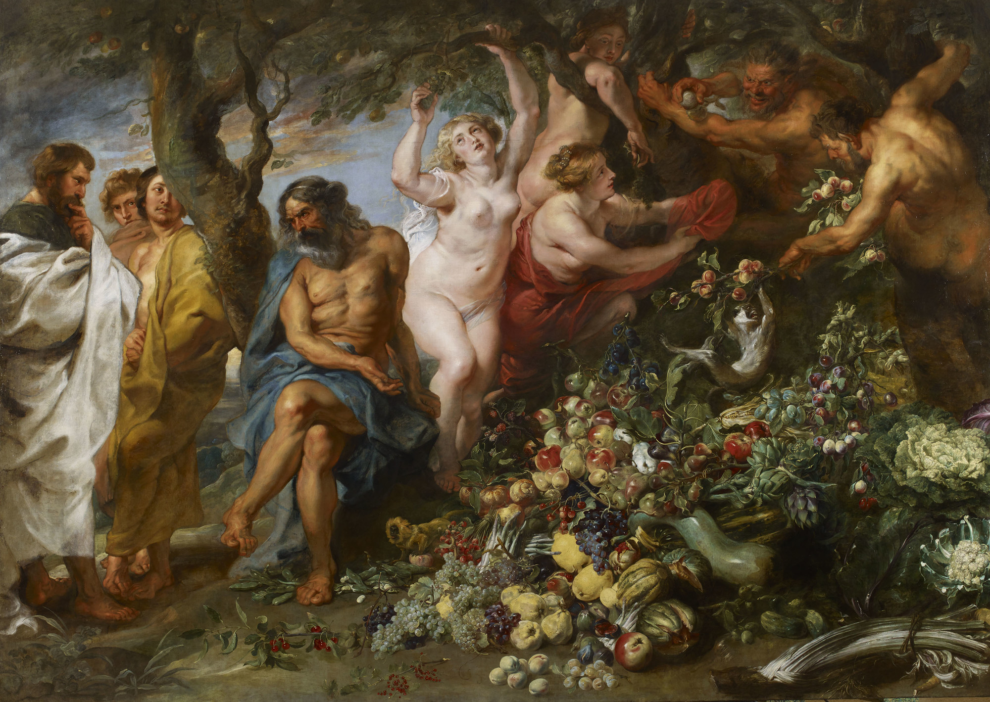 Pythagoras Advocating Vegetarianism One of two paintings in the Royal Collection (see also CWLF 64, 405553) which result from a collaboration between Rubens, who did the figures, and Frans Snyders, who did the foodstuffs. In this case Snyders painted the fruit and vegetables first and then