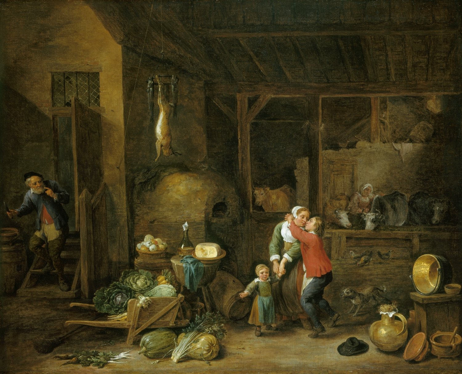 The Stolen Kiss seems to take place in the outbuildings of a farmhouse, with a bread oven and a lavish supply of humble fare. As often in low-life genre painting of the period, the servants are misbehaving - in this case flirting with the farmer&rsquo;s d