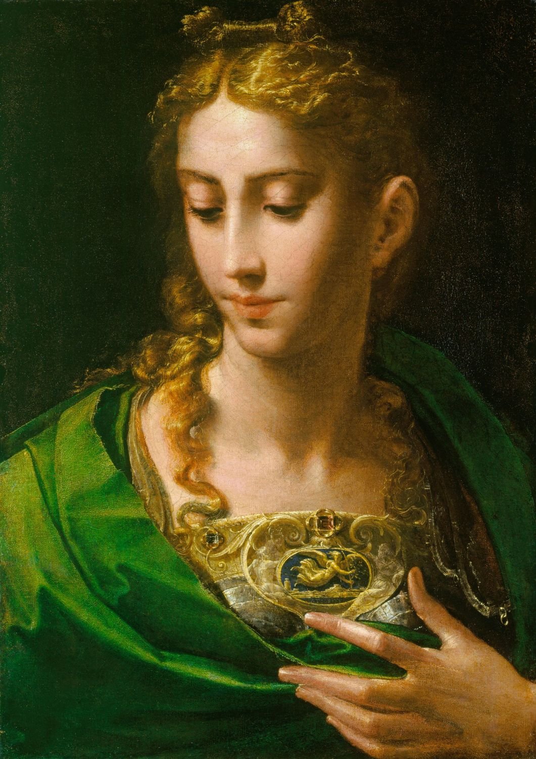 The figure is identified by the cameo on her breastplate as Pallas Athene, the warrior, goddess of wisdom and patron of Athens. Parmigianino has stylised and distorted the figure of the goddess to create a mannerist ideal of beauty.
The subject in this pa