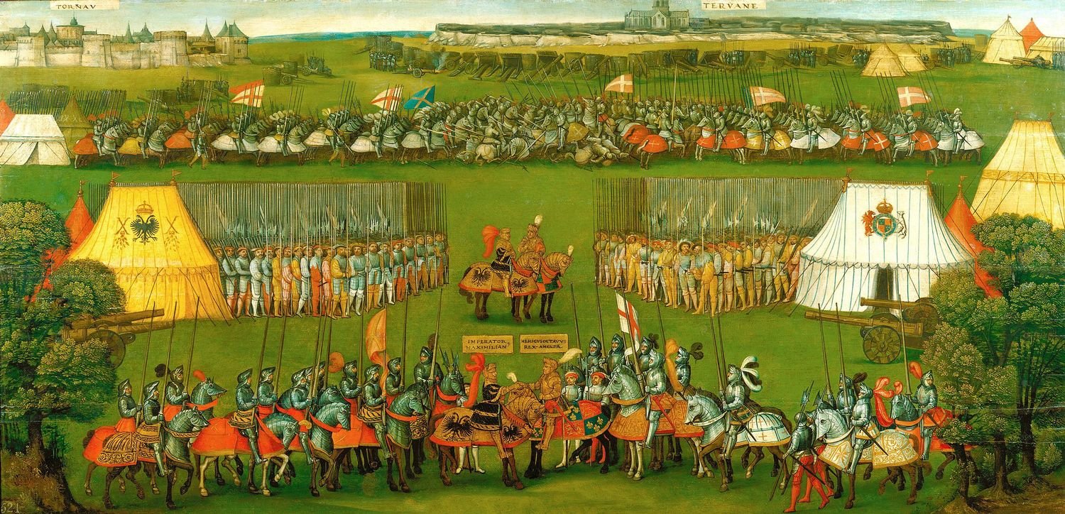 In order to pursue his ambitions in France, Henry VIII formed an alliance with the Holy Roman Emperor, Maximilian I. This painting records their meeting and the main events pertaining to Henry’s first campaign against the French in 1513.

The composit
