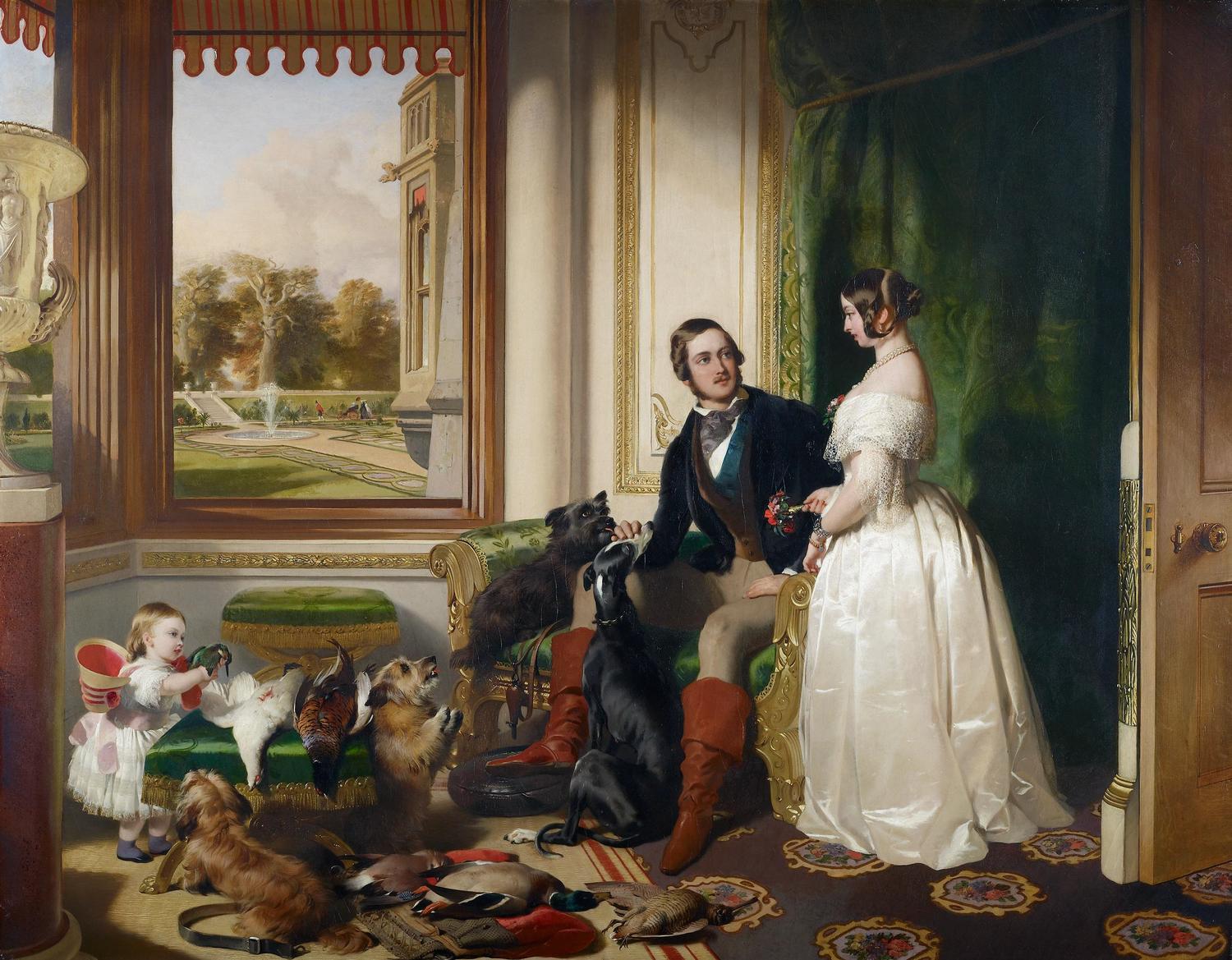 Landseer had his first interview to discuss this picture two months after the royal couple's marriage in 13 April 1840; at this stage the painting seems to have been planned as a happy sequel to Queen Victoria Riding Out (Royal Collection), which was exhi