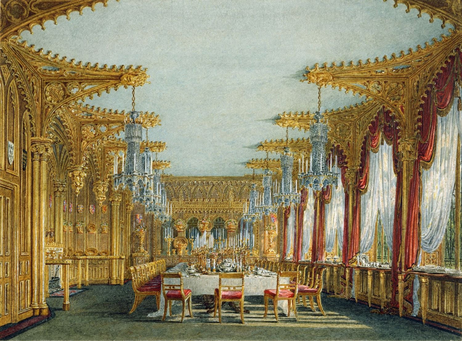 Carlton House: The Gothic Dining Room, 1817 A watercolour depicting the Gothic Dining Room at Carlton House, featuring marvellous gothic panelling and finial vaults and carving. Windows are framed by red curtains to the left, a large long table with red covered chairs is arranged in the middle of t