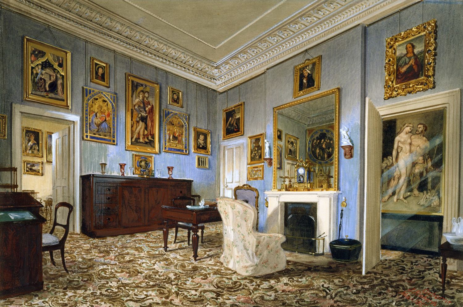 A watercolour view of the corner of Prince Albert's Dressing Room, showing the furnishings, and early Italian paintings bought between 1845-7. Signed, dated and inscribed. Inscribed on label on backboard.
Between 1845 and 1847 Ludwig Gruner acquired twent