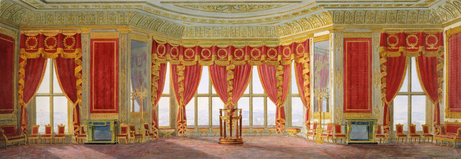 This watercolour shows the intention to place two marble and gilt bronze tables by Bellangé (purchased in the Watson Taylor sale) in the Crimson Drawing Room. RCIN 931280 The partnership between Nicholas Morel and George Seddon was formed in 1827 to supply furniture and upholstery for George IV's new Private Apartments on the east and south sides of the Upper Ward of the castle. These newly created rooms were intended to r