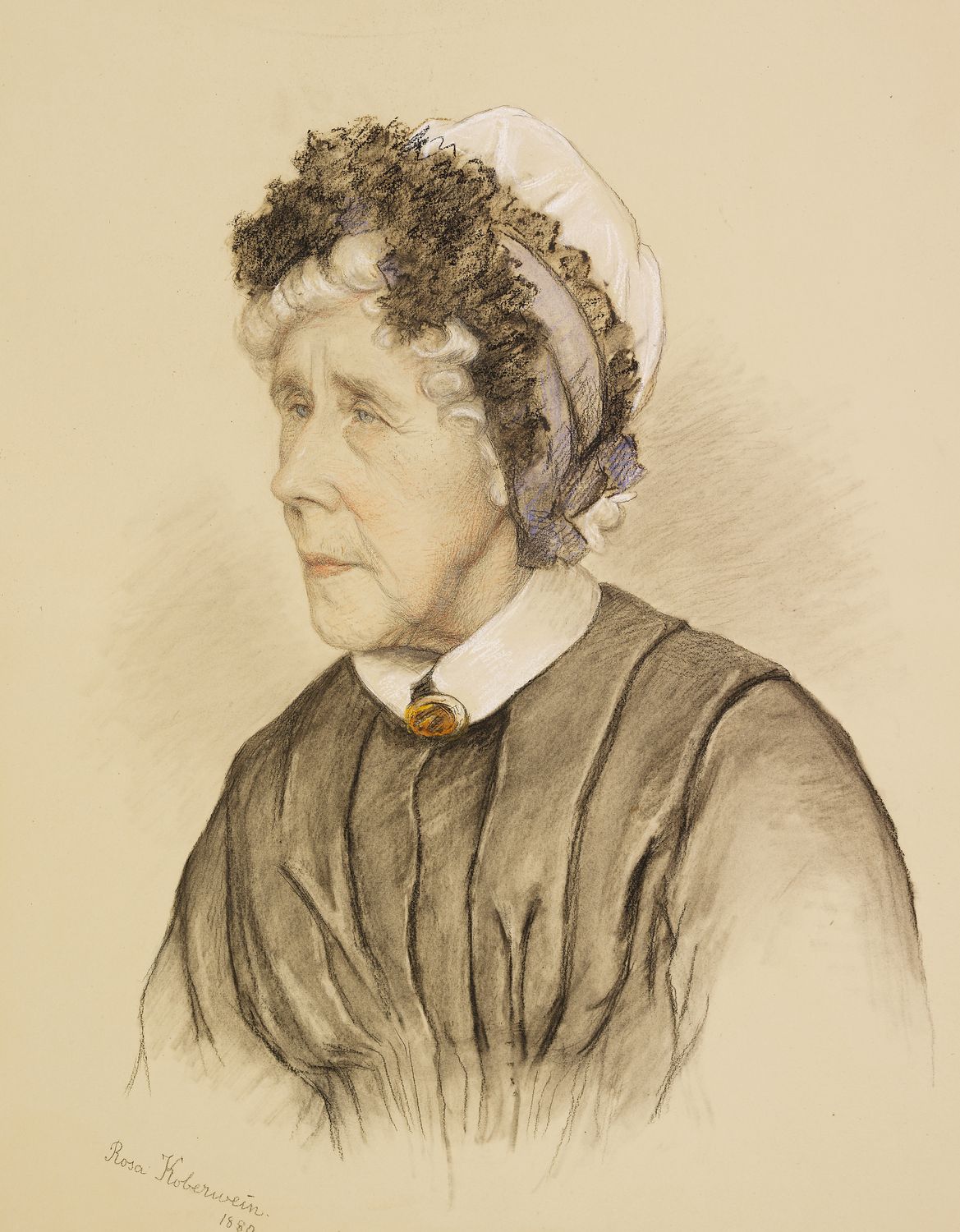 A head and shoulder portrait, in coloured chalks, of Marianne Skerrett, Head Dresser and Wardrobe Woman to Queen Victoria. She is turned to the left, wearing a cap with a dark frill and a brooch on the collar of her dress. Signed and dated.
Marianne Skerr