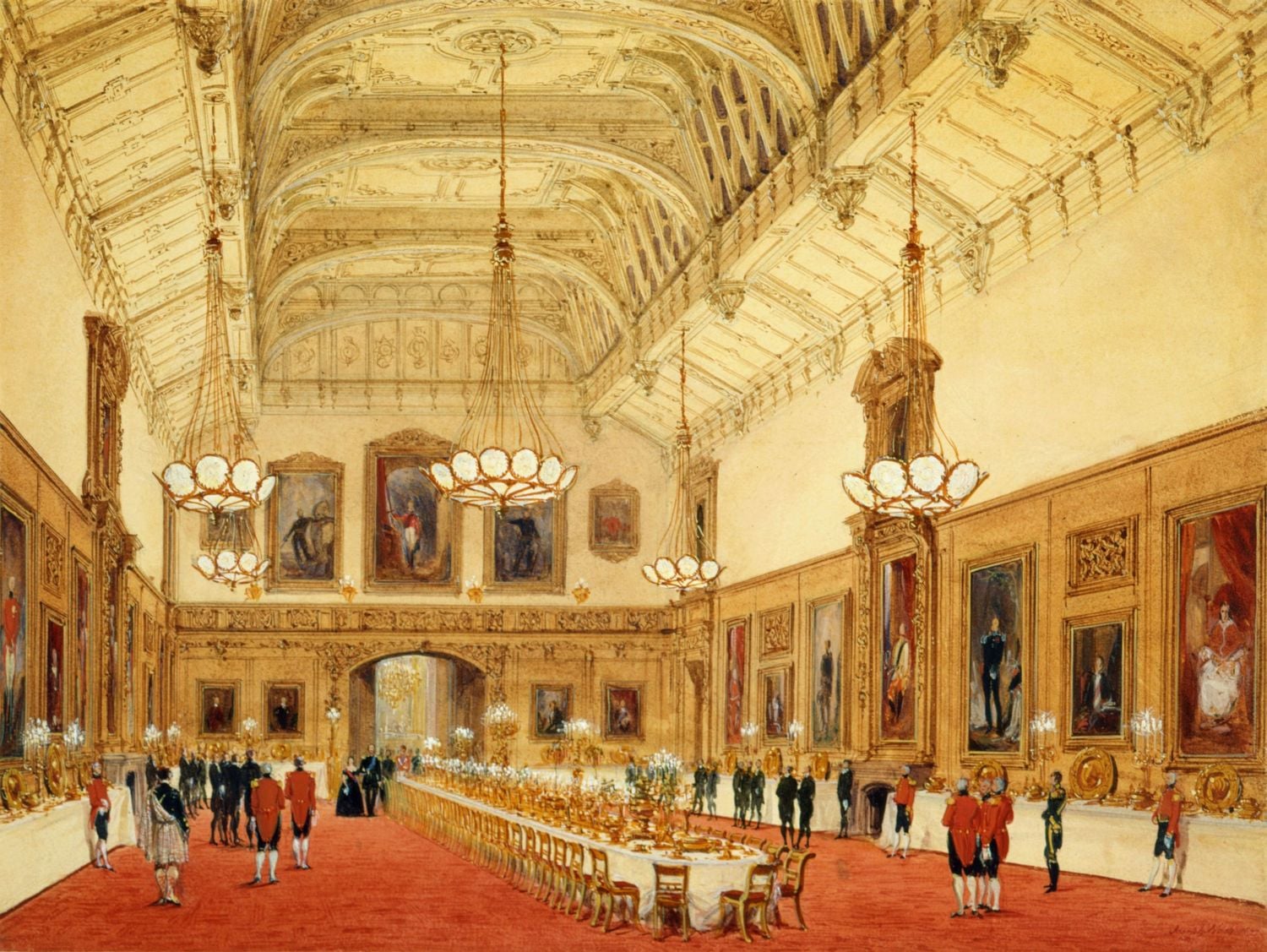 A watercolour showing the Queen entering the Waterloo Gallery, wearing the red ribbon of the Order of St Catherine. The Emperor Nicholas I of Russia, in a dark blue uniform, is wearing the Garter. The genesis of the idea for a 'Waterloo Gallery' goes back