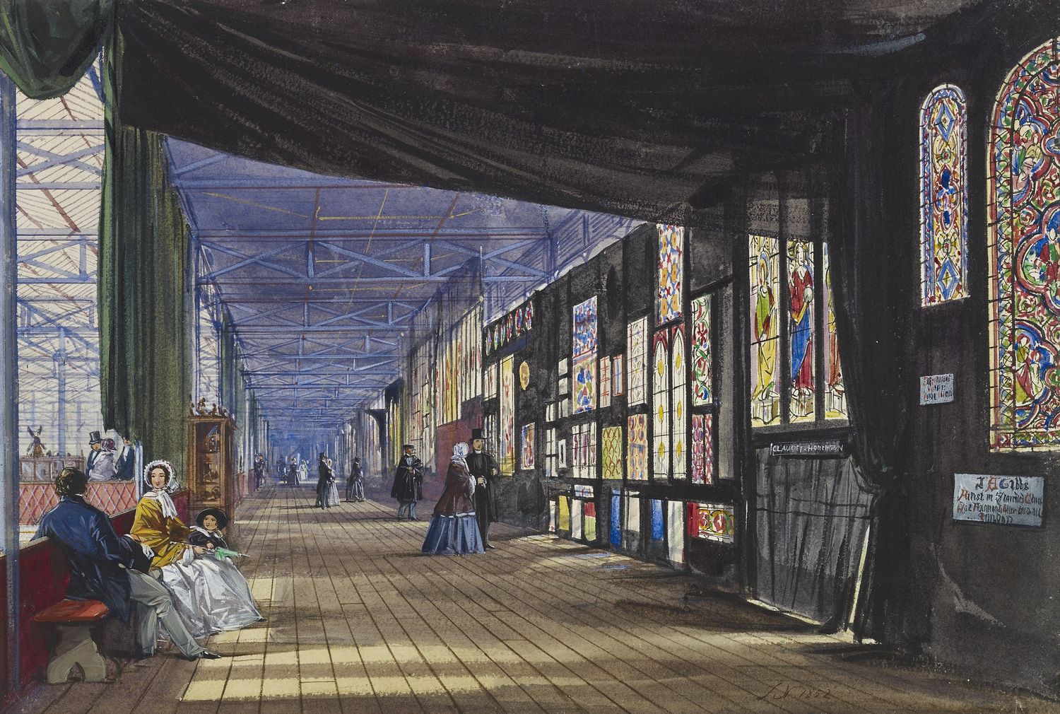 The Great Exhibition: The Stained Glass Gallery A watercolour depicting a topographical interior view of the Stained Glass Gallery at the Great Exhibition of 1851. Initialled and dated bottom right: J N 1852.
In order to display the stained glass at the Exhibition, heavy black cloths were used to blo