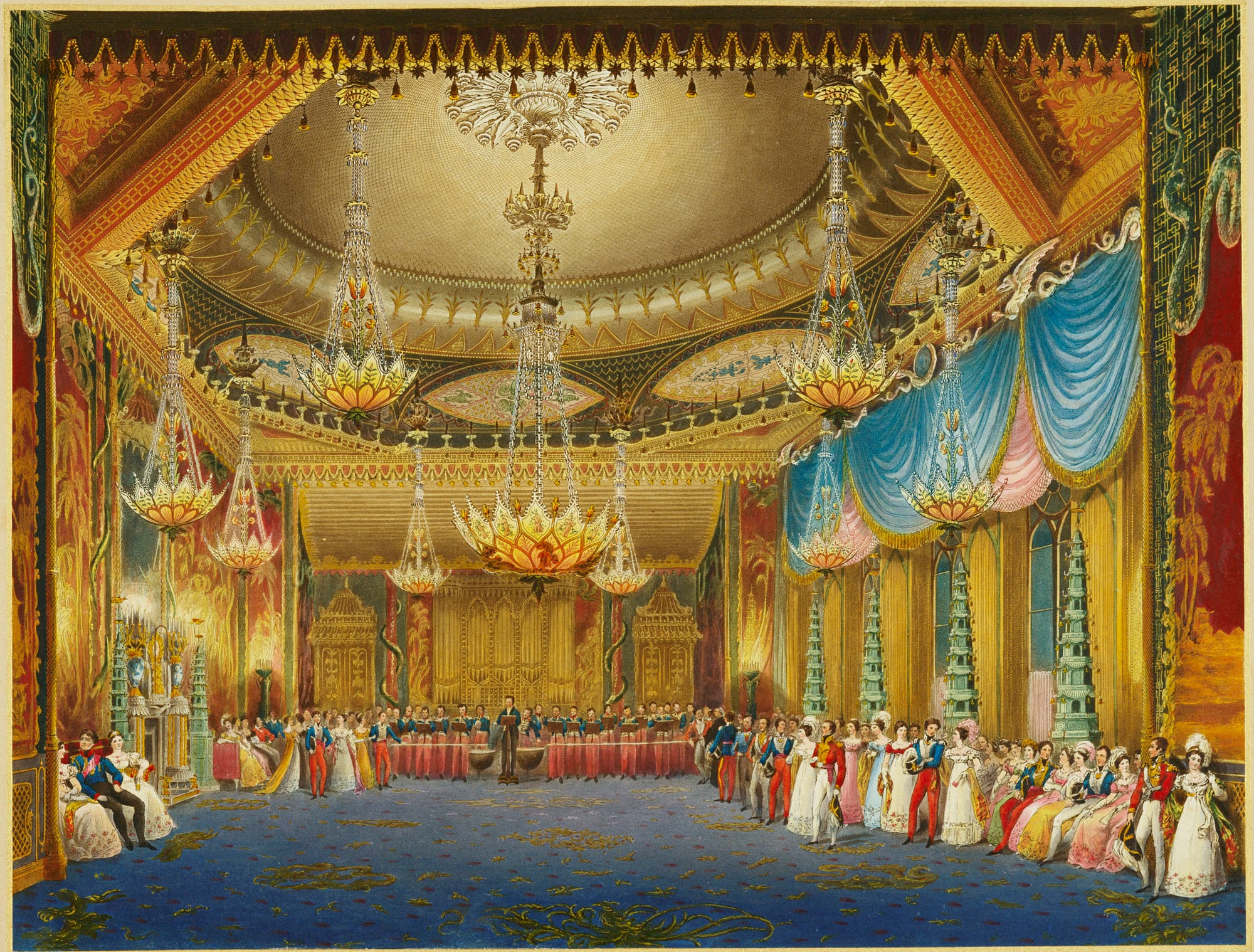 Red and gold wall panels in George IV's Music Room at Brighton Pavilion depicted scenes from William Alexander's 'Views of China'. RCIN 708000.ai A hand coloured print depicting a view of the music room in the Royal Pavilion, Brighton. For an earlier state see RCIN 708000.ah. Plate 16 of the reissue of Nash's original publication of illustrations of the exterior and interio
