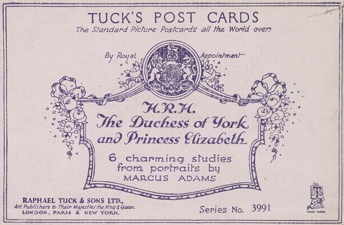 Envelope containing four Tuck post cards of the Duchess of York (1900-2002), with Queen Elizabeth II (b. 1926) when Princess Elizabeth 

Many of Adams's royal portraits were reproduced on post cards by Raphael Tuck & Sons Ltd. Tuck envelopes such as thi