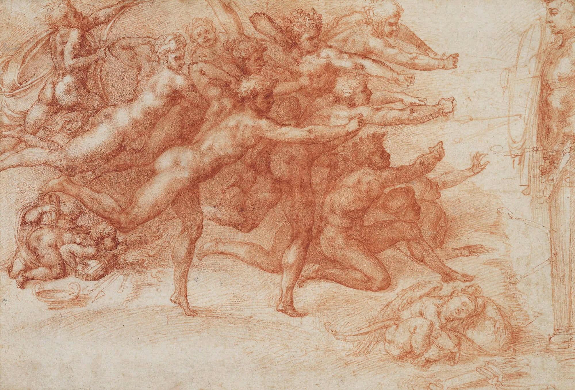 Archers shooting at a herm The handful of 'presentation drawings' that Michelangelo produced during the latter half of his life, and especially around 1530, stand at the very pinnacle of European draughtsmanship. Made as gifts for his closest friends, they were painstakingly worked
