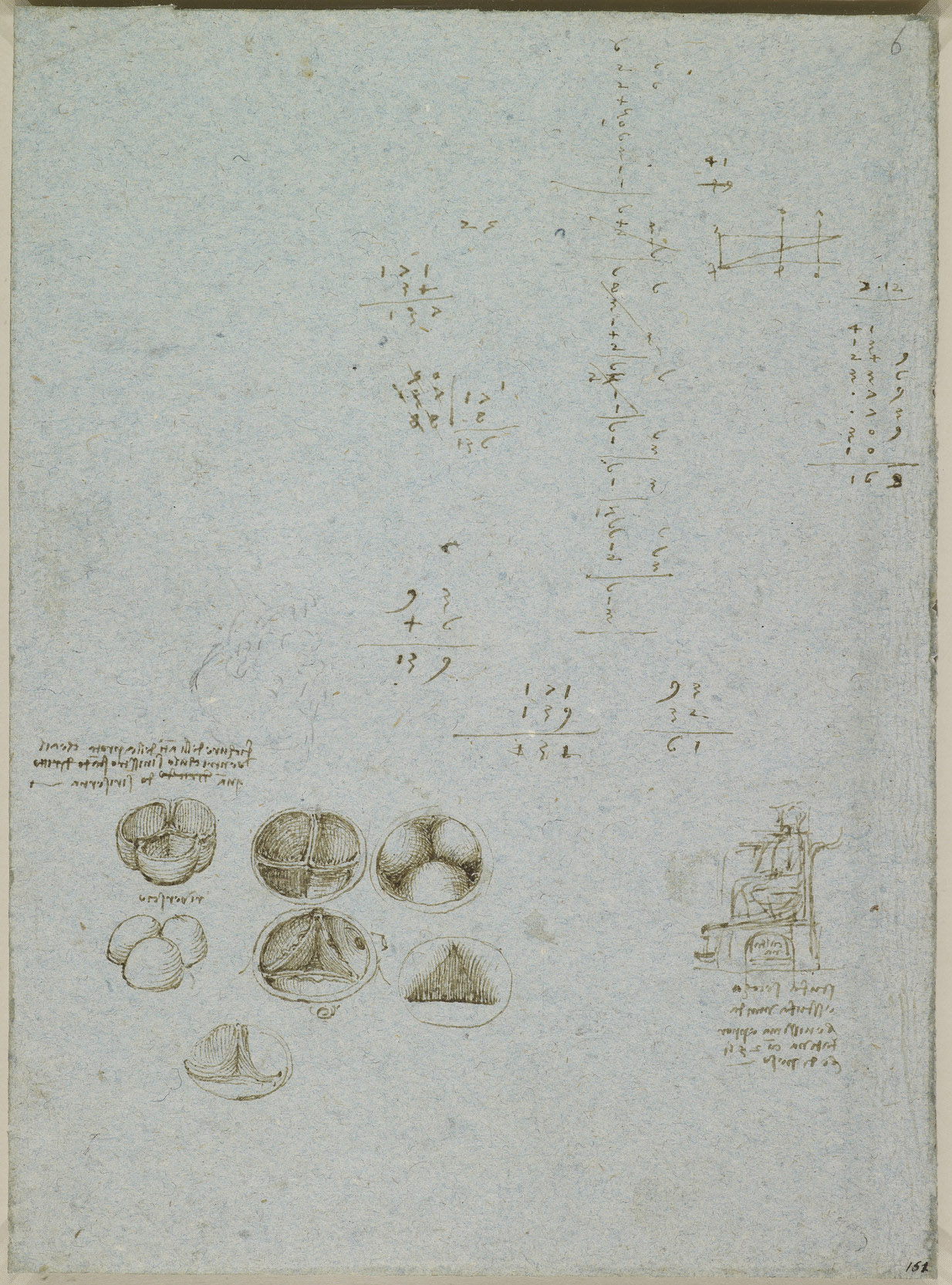 Verso: 7 drawings of semilunar aortic & pulmonary valves with notes on their action; sketch of a figure in a Turkish Bath; the head of a man, 3/4 L; numerous calculations; a geometrical diagram of the slope of a river bed