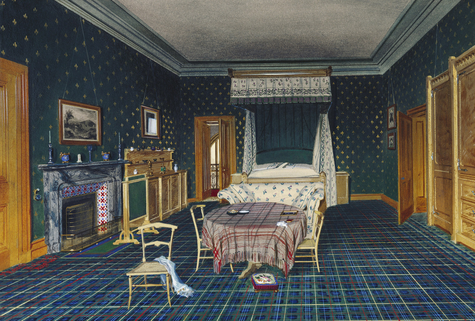 Balmoral Castle: the Queen's Bedroom DM 4639: detailed interior view of the bedroom. Signed, dated and inscribed.