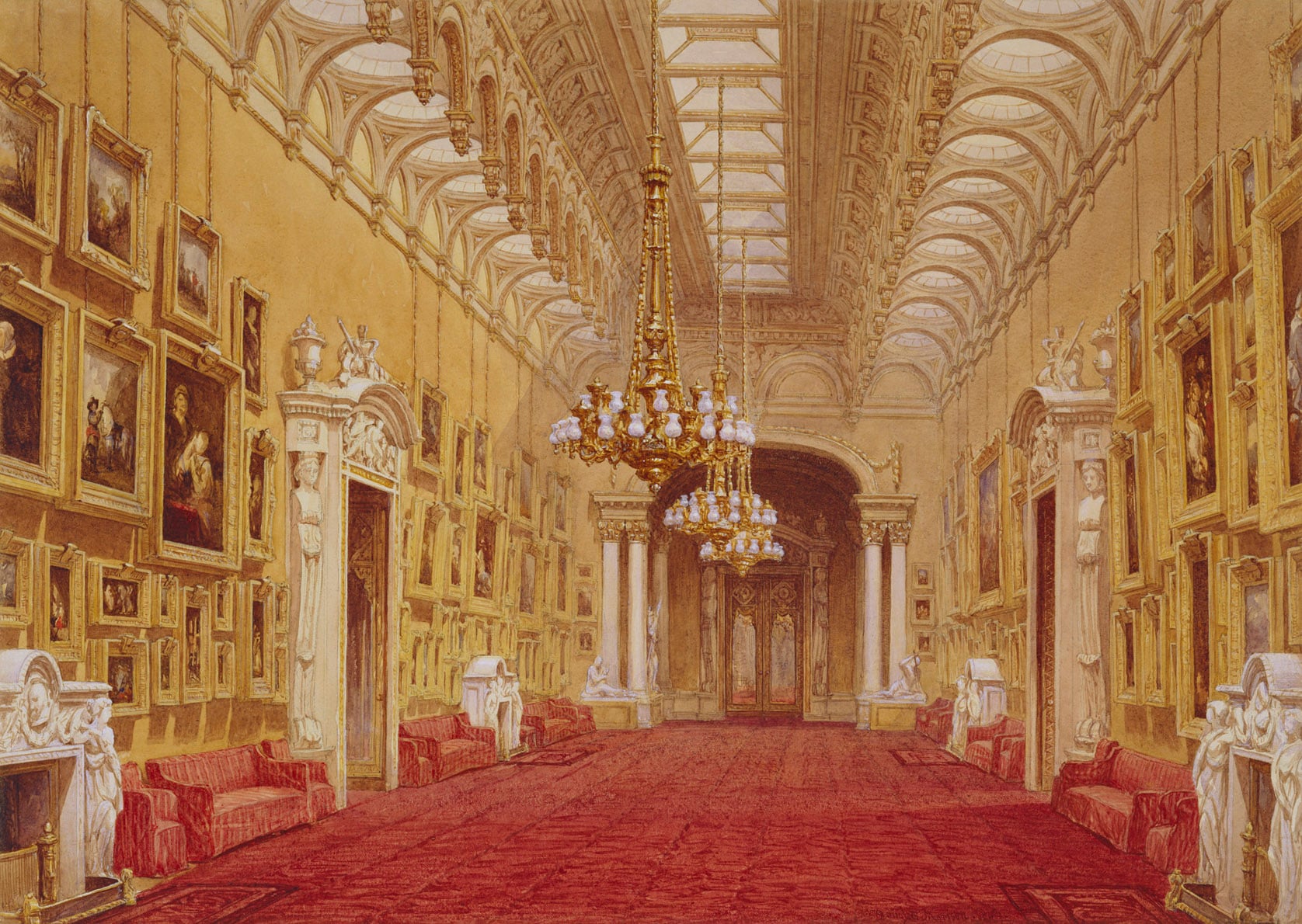 A watercolour of the interior of the Picture Gallery at Buckingham Palace. Signed and dated: Douglas Morison 1843. 
Morison was commissioned in 1843 by Queen Victoria and Prince Albert, who became keen collectors of the fashionable nineteenth-century wate