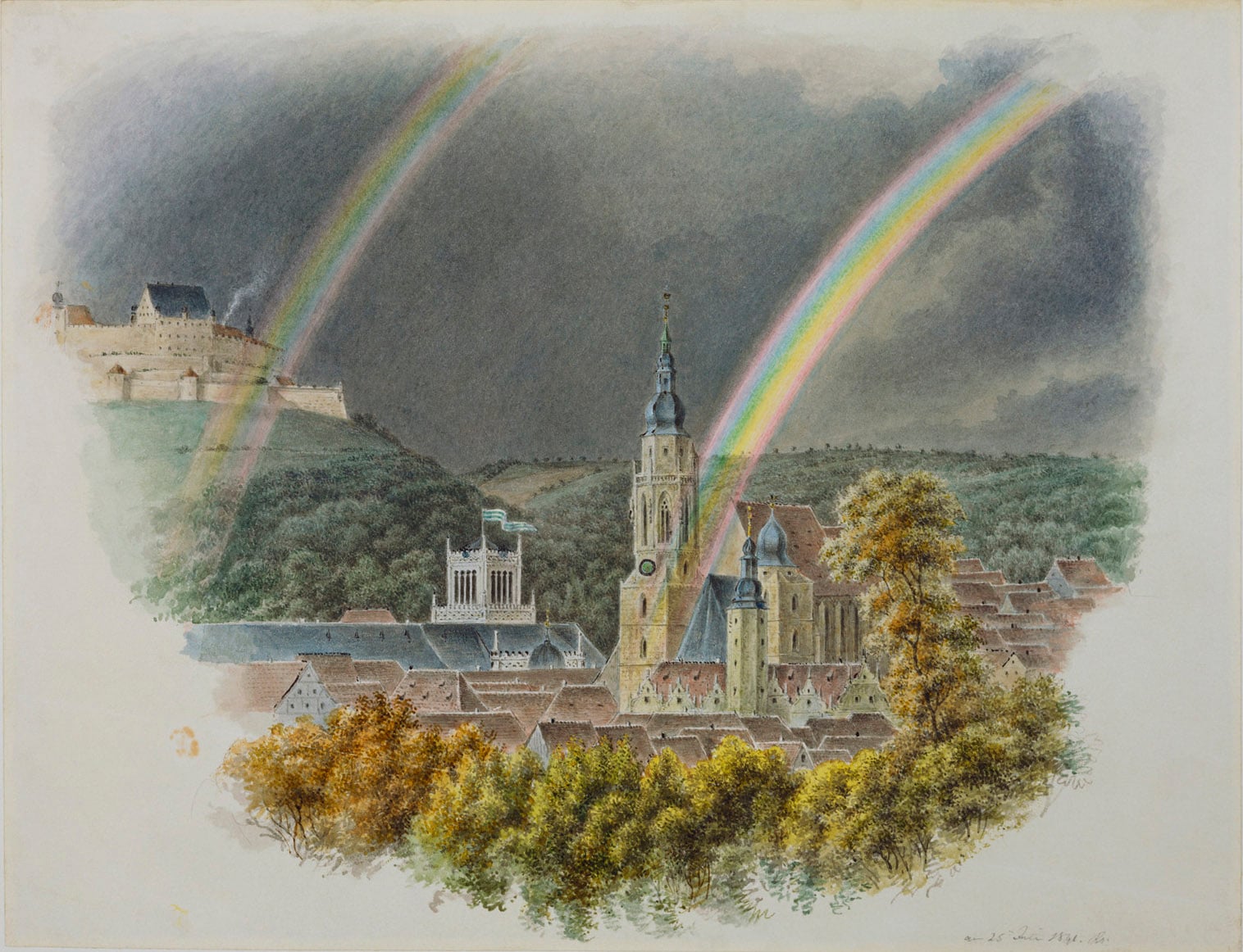 A view of Coburg and the Veste Coburg, with two rainbows A watercolour view of Coburg, with the towers of the Ehrenburg Palace and the Morizkirche seen rising above the trees and the Veste Coburg at the upper left. A double rainbow is also visible in the sky. Signed and dated lower right: am 25 Juli 1