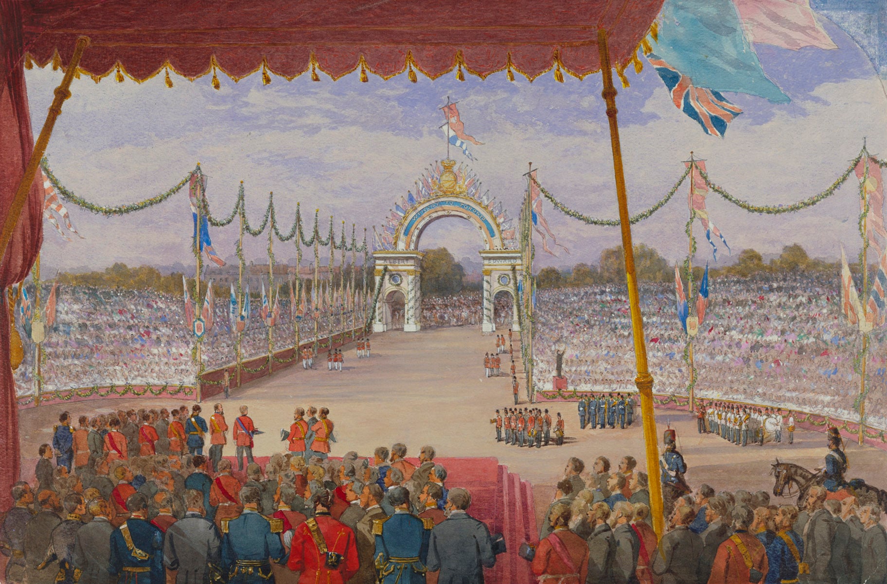 A watercolour depicting Albert Edward, Prince of Wales, receiving the Corporation Address upon his arrival in Toronto on 7 September 1860; he stands under a lofty canopy surrounded by dignitaries and facing thousands of spectators, who are seated in an am