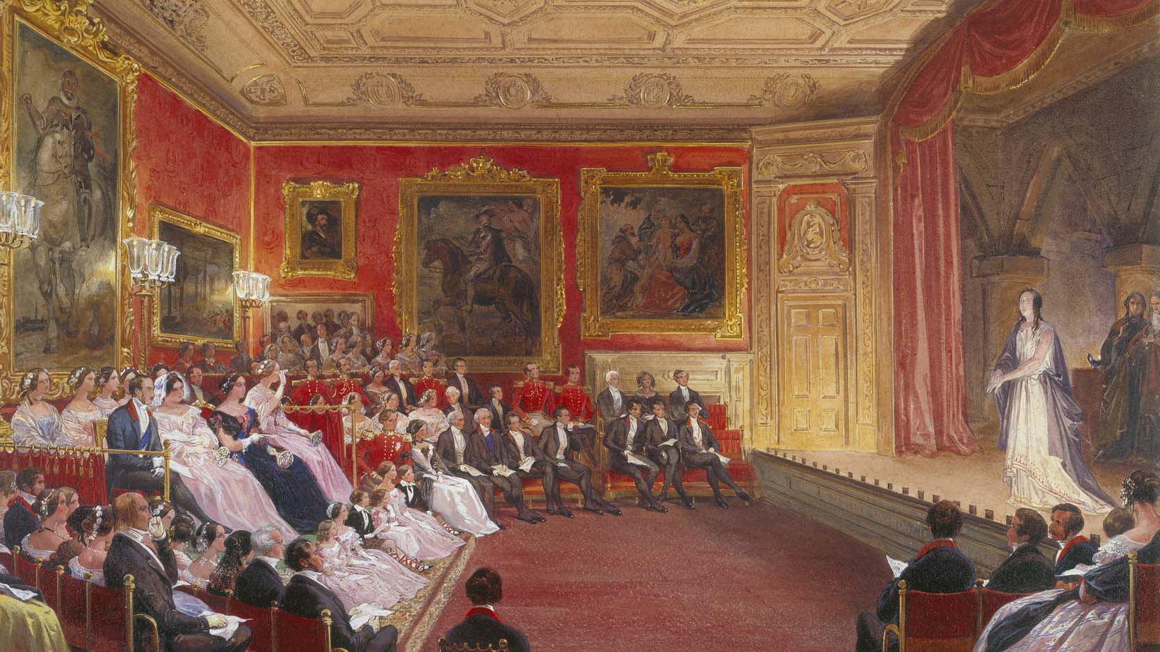 Watercolour of Queen Victoria watching a performance of Macbeth
