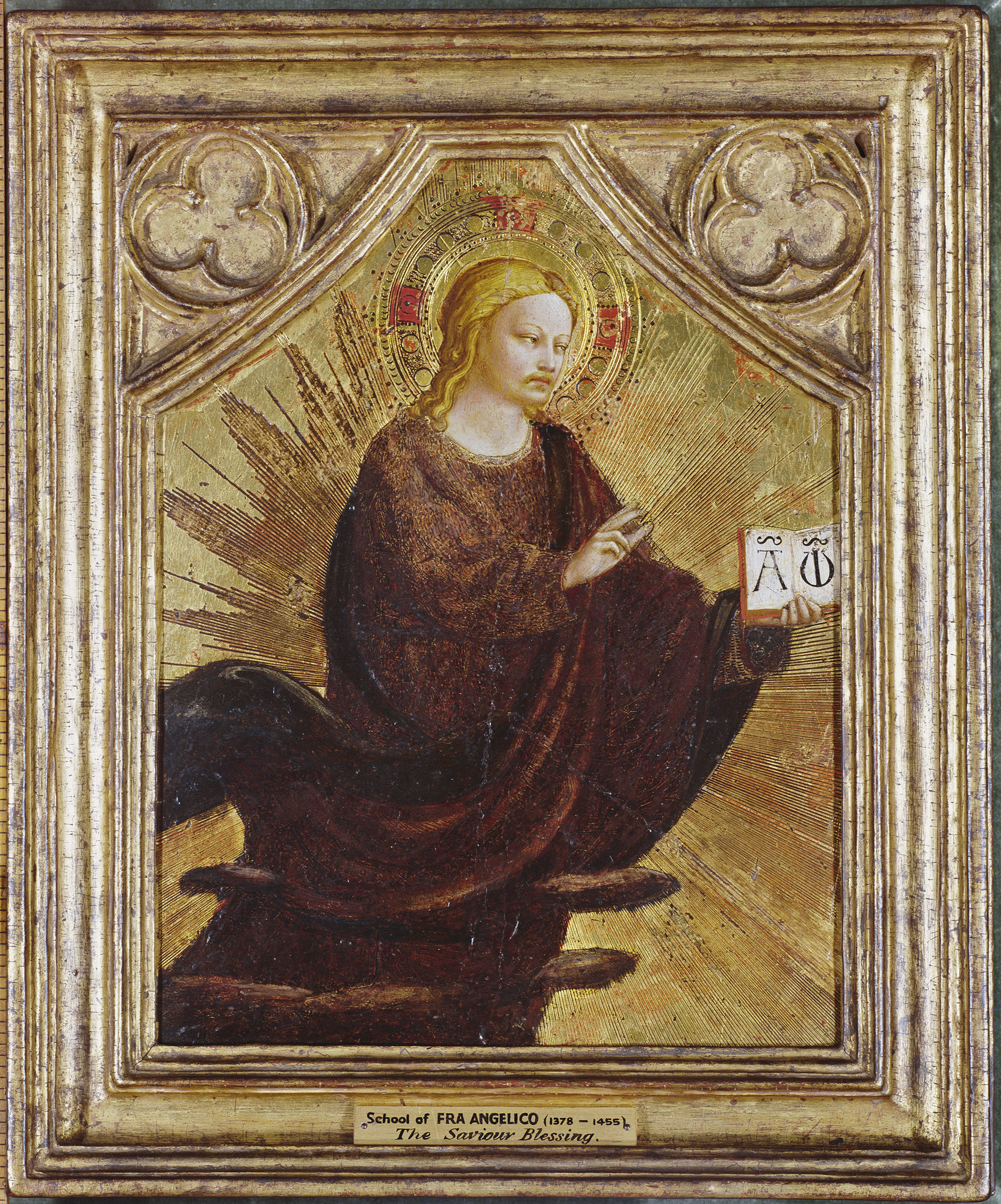 This painting on panel, which has been attributed to the workshop of Fra Angelico, was evidently the pinnacle of an altarpiece. 

It has been suggested that it was above the central panel of Fra Angelico's polyptych painted for the church of San Domenic