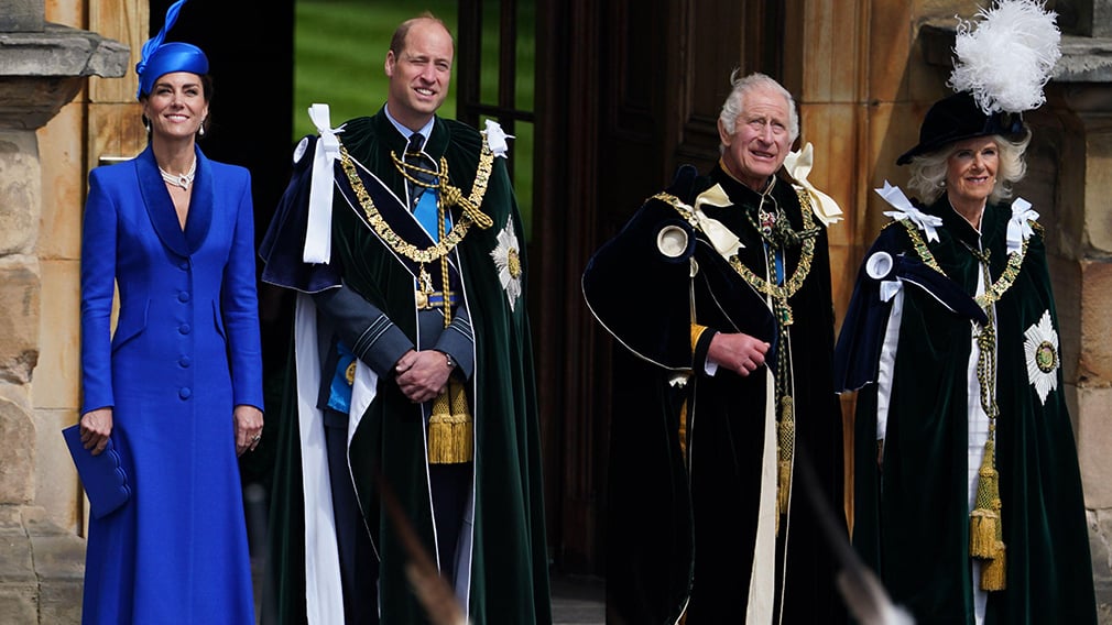 Queen Camilla, King Charles III, the Prince and Princess of Wales, known as the Duke and Duchess of Rothesay while in Scotland, watch the Red Arrows flypast Queen Camilla, King Charles III, the Prince and Princess of Wales, known as the Duke and Duchess of Rothesay while in Scotland, look up to the sky.
