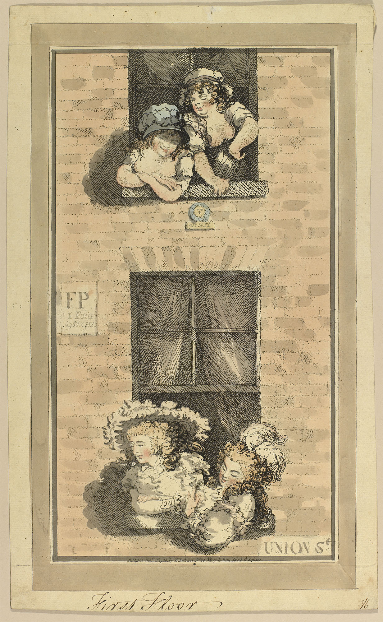 First and Second Floor Lodgers. A hand-coloured print of two pairs of young women looking out of the window of the same building, on separate floors. The lodgers occupy rooms in 'Union Street' and are shown leaning out of the window to see and to be seen. Union Street is now part of Rid