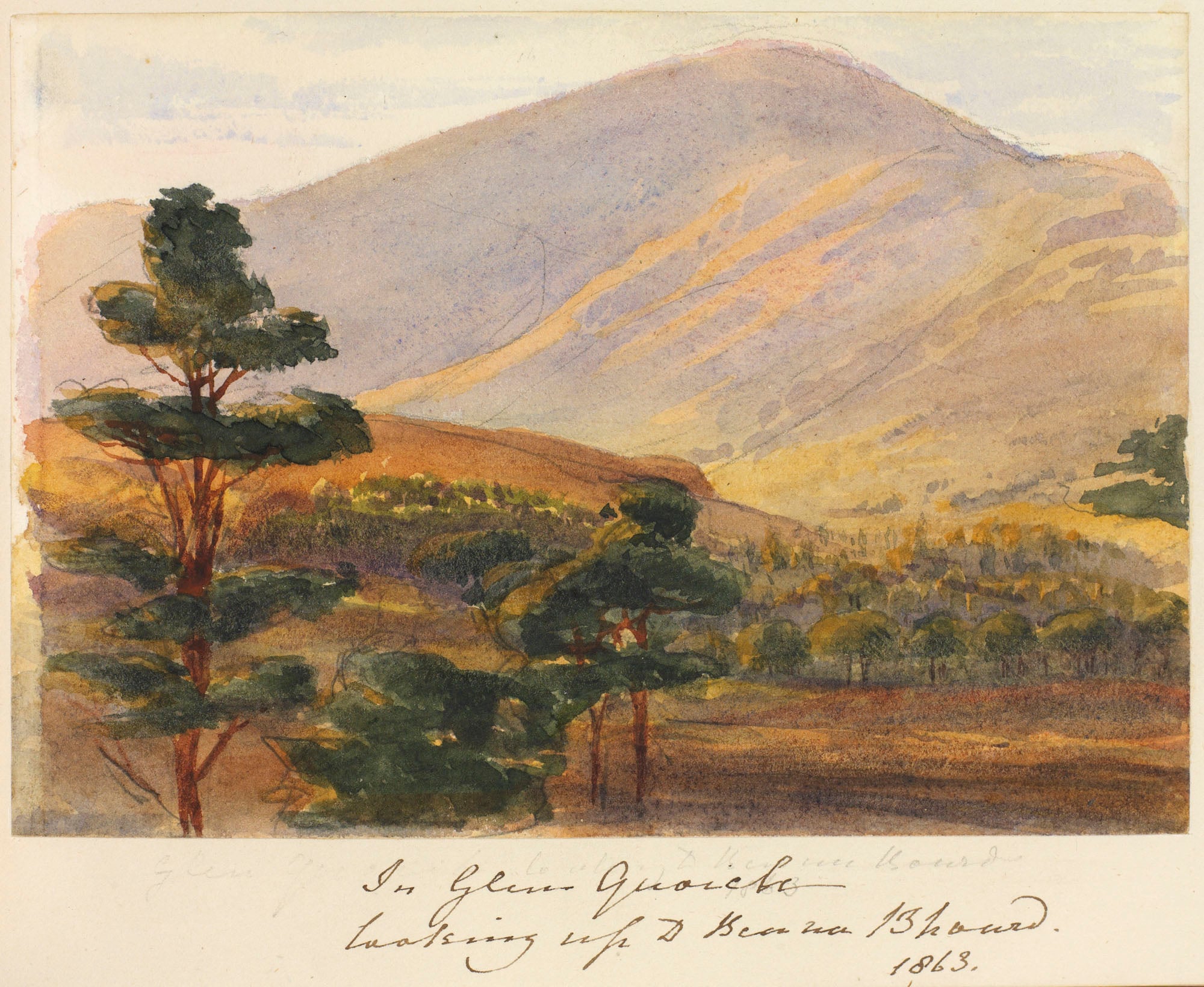 In Glen Quoich looking up at Benna Bhourd A watercolour showing a view of Beinn A' Bhuird from Glen Quoich. Trees are shown in the foreground to the left, with further trees shown in the glen behind. Beinn A' Bhuird is shown in the background. Inscribed below mounted sheet: In Glen Quoich looking