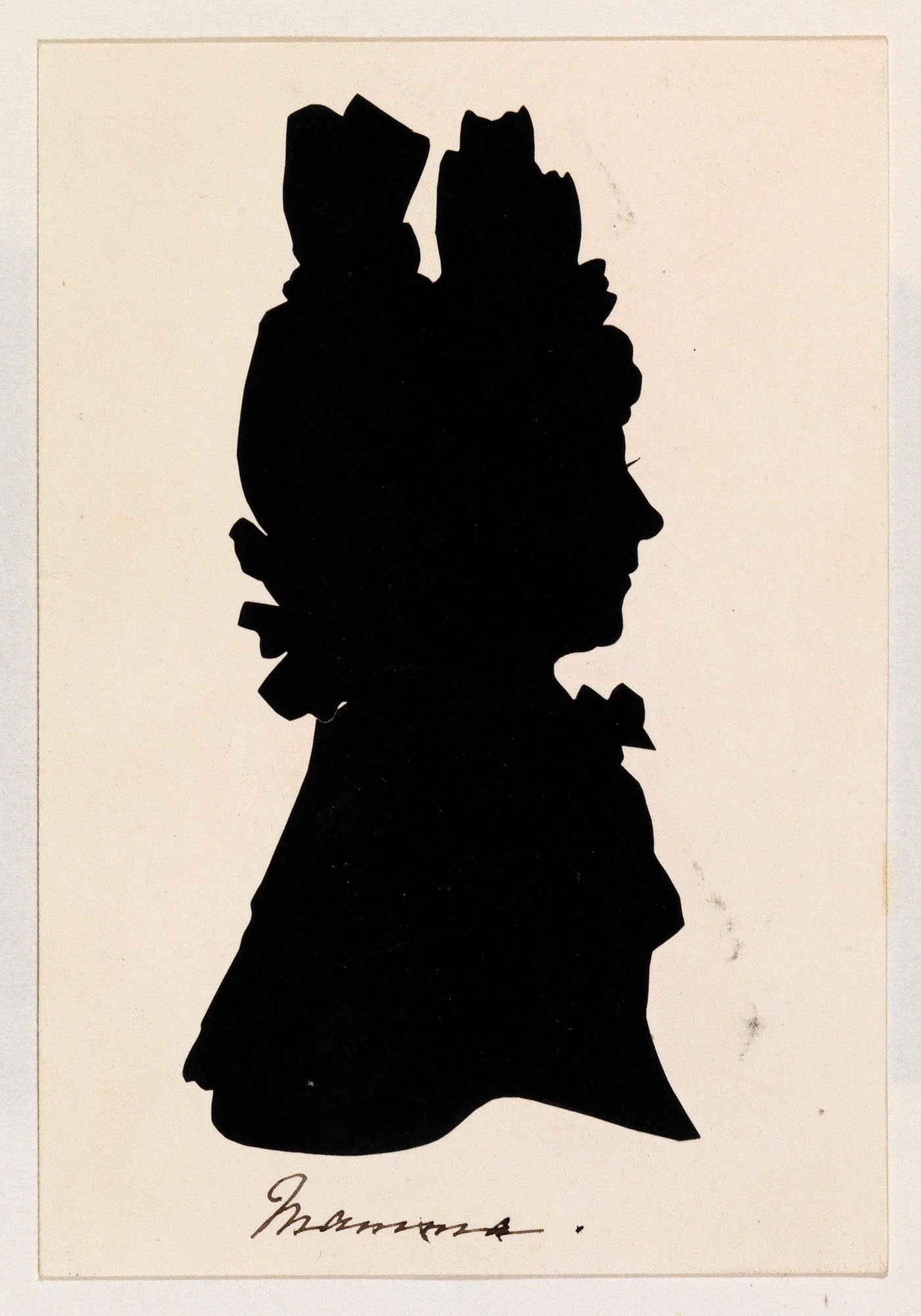 A silhouette showing a portrait of Princess Victoria's mother, the Duchess of Kent. She is shown bust-length and facing right in profile. She is wearing an elaborate headdress and a high frilled collar. Inscribed below: Mamma.