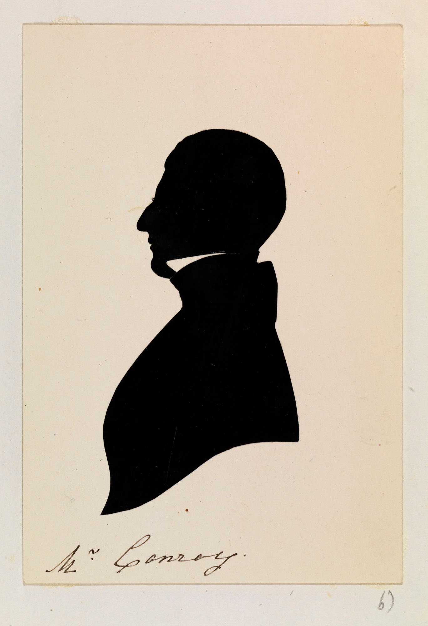 A silhouette showing a portrait of Edward Conroy. He is shown bust-length and facing left in profile. He is wearing nineteenth-century-style dress with a cut-out section depicting the collar of his shirt. Inscribed below: Mr Conroy. 

Edward Conroy was 