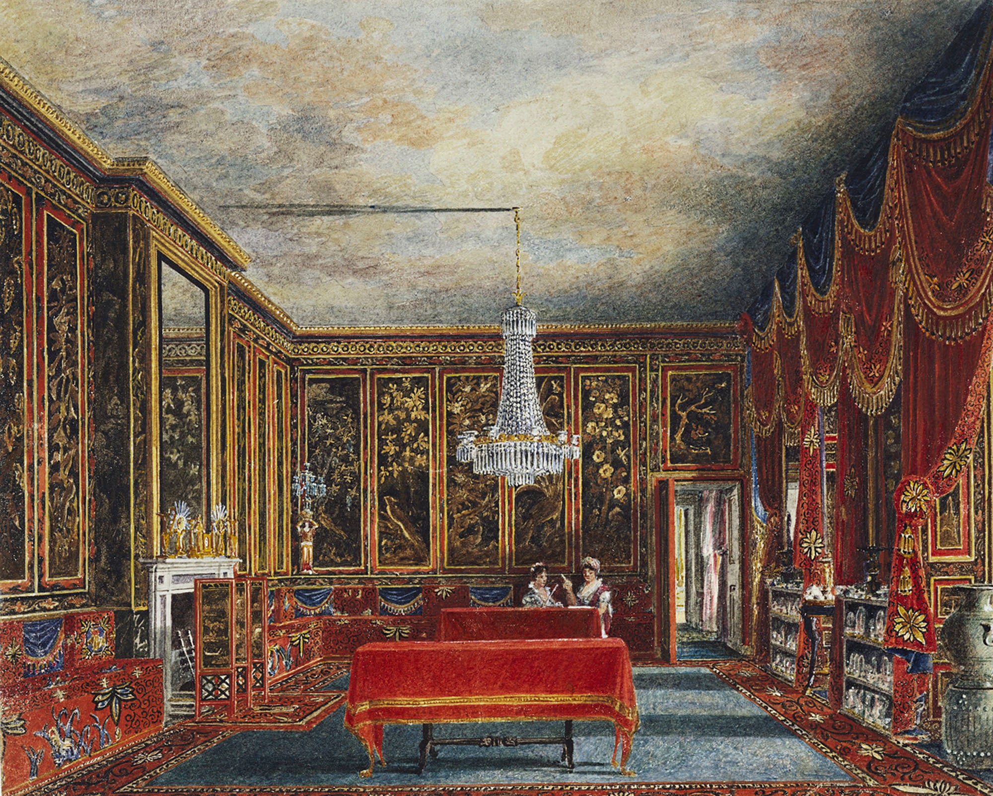 Frogmore House: The Japan Room A watercolour depicting a fantasy room with painted sky on the ceiling, windows on the right framed by red tasselled curtains, red banquettes round the edge of the room, and panels of black/gold lacquer pictures painted by Princess Elizabeth, daughter of