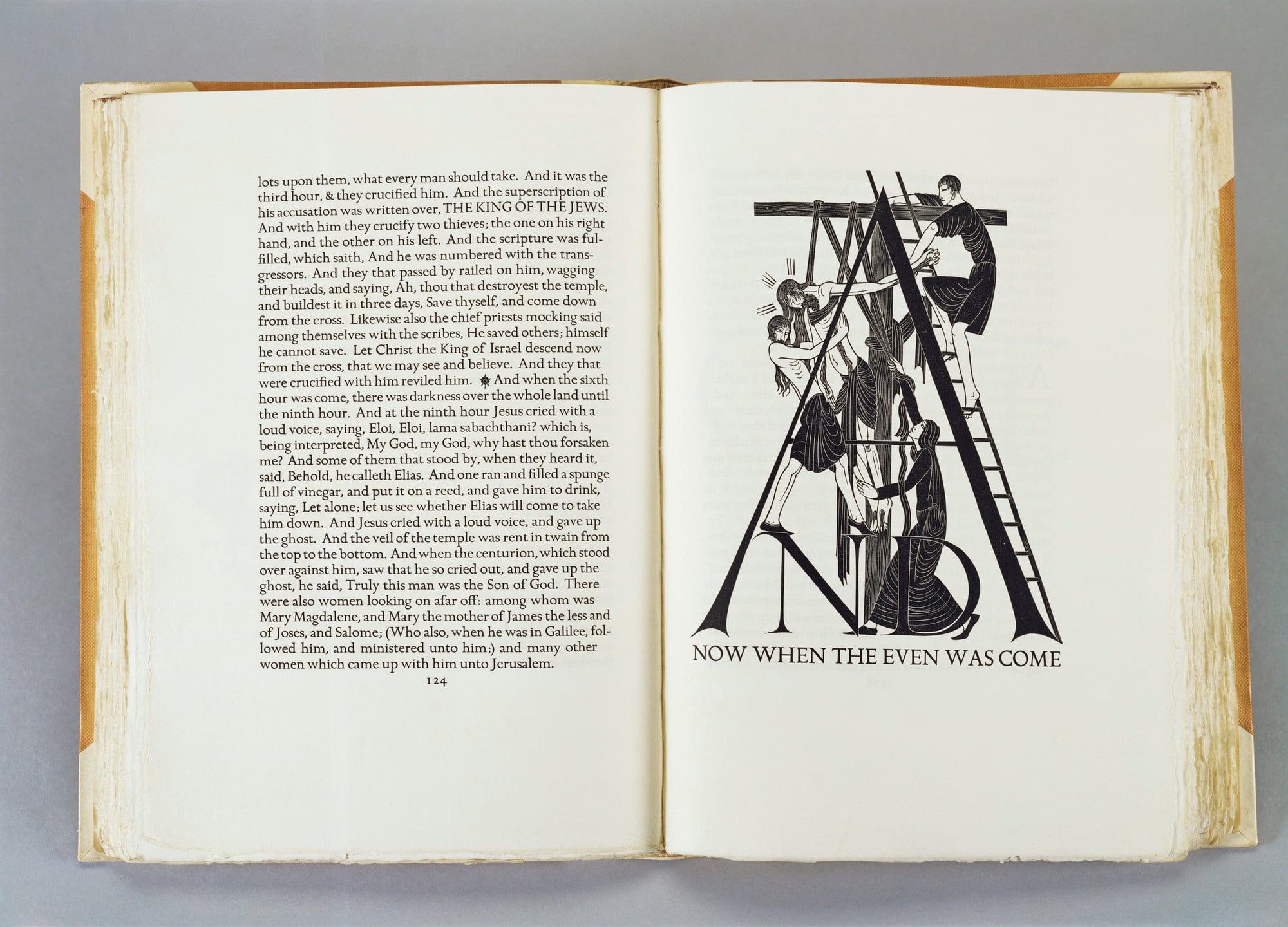 The Four Gospels Bound by Sangorski & Sutcliffe in pigskin over cream buckram.
This is a particularly striking example of the work of the Private Press Movement, which William Morris brought to prominence at the Kelmscott Press in the 1890s with the aim of raising th