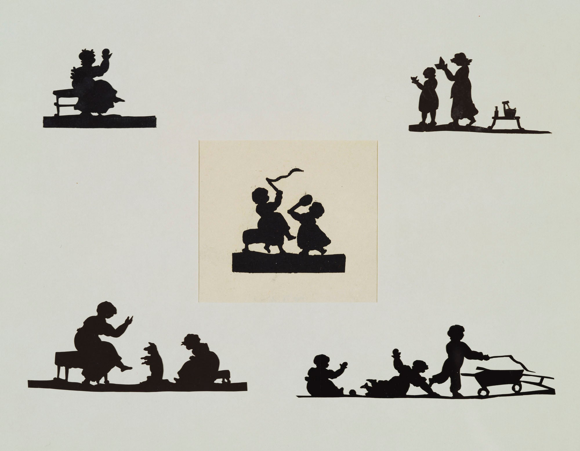 A silhouette showing a female figure seated on a bench. The woman is shown full-length, with a ball held raised in one hand.This silhouette was presented to Lady Dorothea Banks, wife of the naturalist and friend of the royal family&nbsp;Sir Joseph&nbsp;Ba