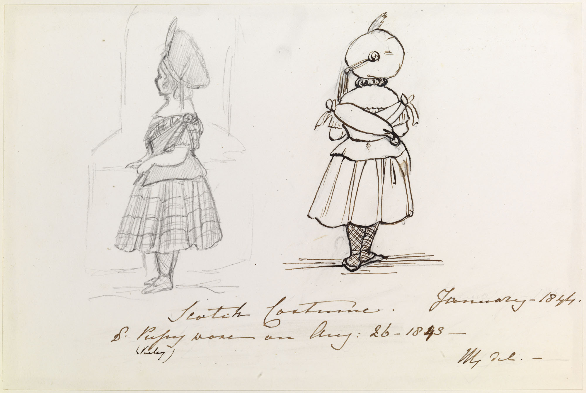 Scotch Costume A pencil and an ink drawing showing Victoria, Princess Royal dressed in Scottish costume. She is shown full-length in both studies.In the study to the right she is shown from behind and in the study to the left she is shown facing left in profile. She is